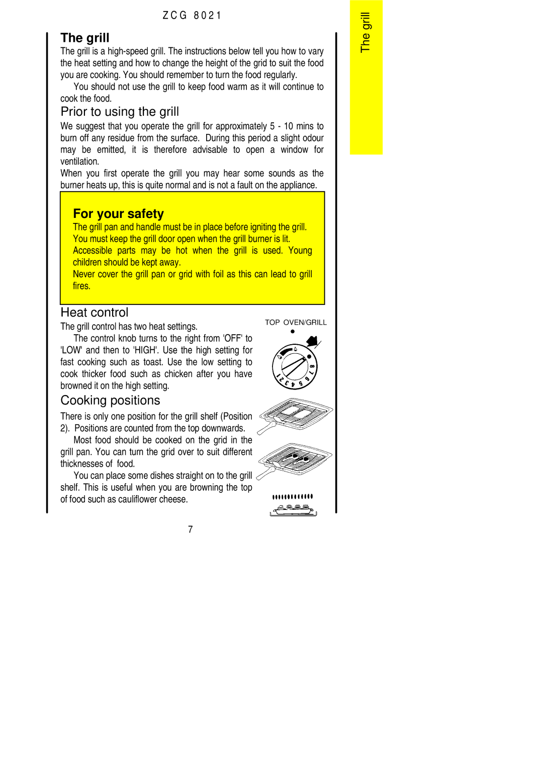 Zanussi ZCG 8021 manual Grill, Prior to using the grill, Heat control, Cooking positions 