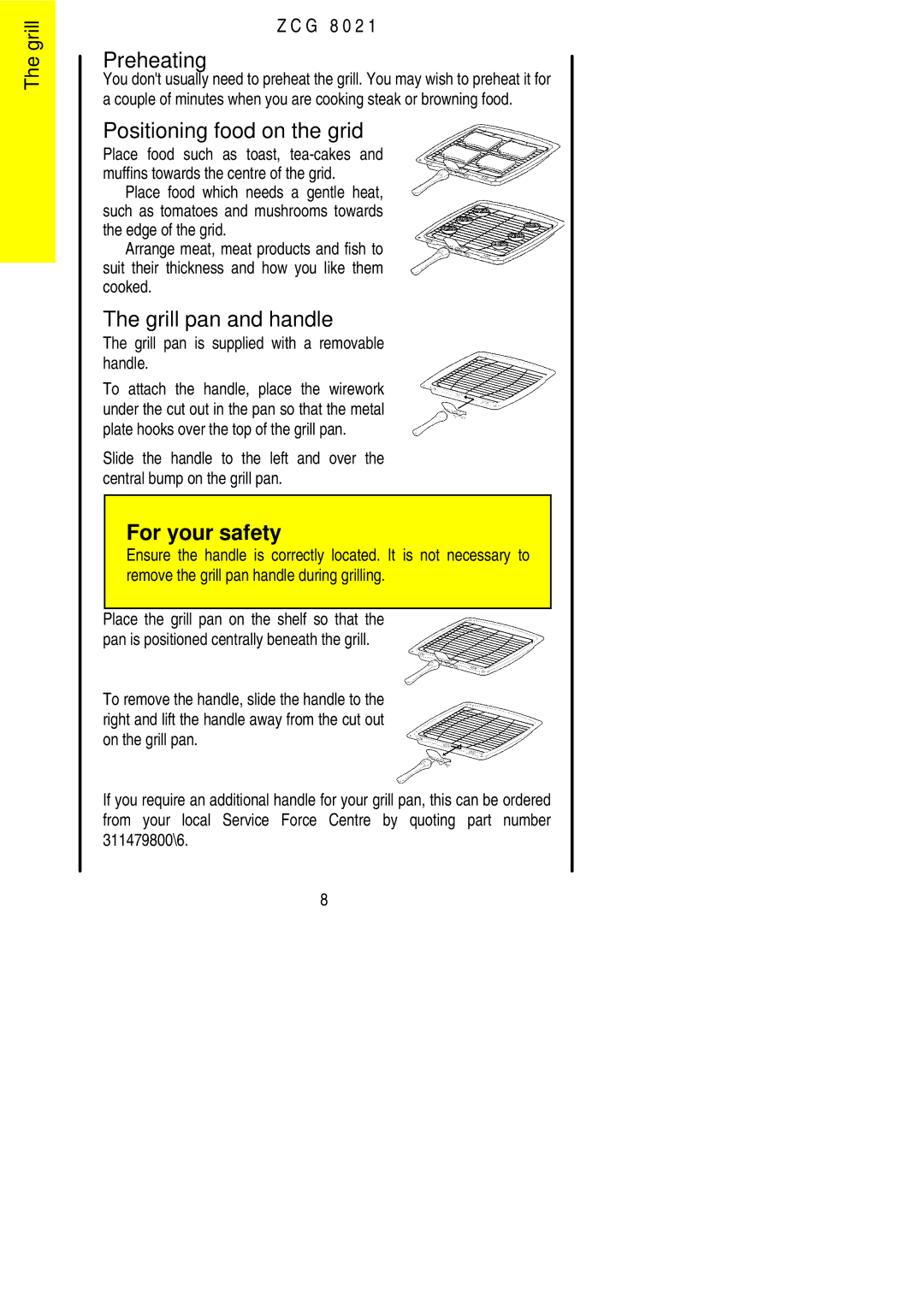 Zanussi ZCG 8021 manual Preheating, Positioning food on the grid, Grill pan and handle 