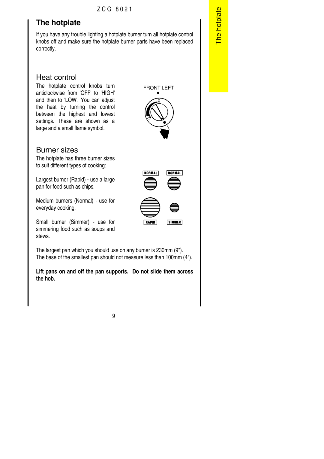 Zanussi ZCG 8021 manual Burner sizes, Hotplate control knobs turn, Anticlockwise from OFF to High 