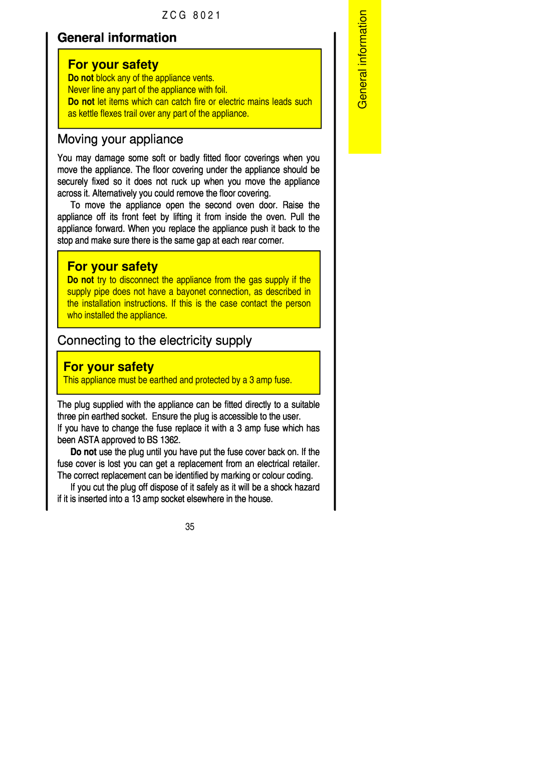 Zanussi ZCG 8021 manual General information For your safety, Moving your appliance, Connecting to the electricity supply 