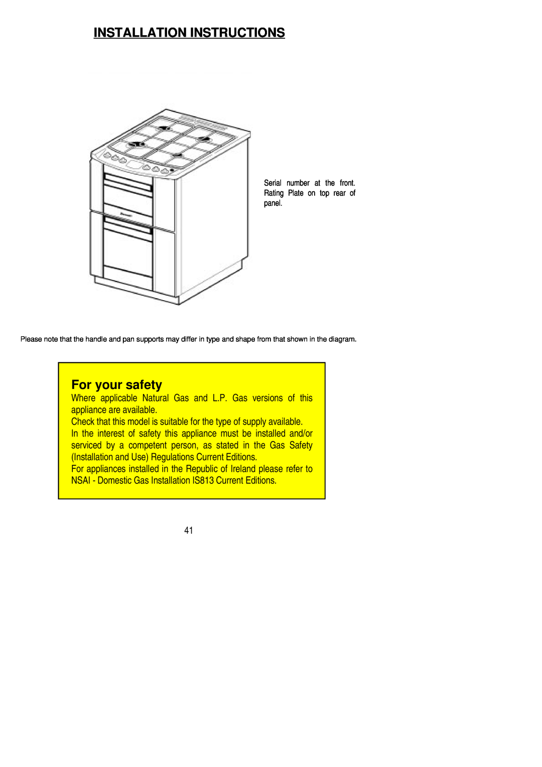 Zanussi ZCG 8021 Installation Instructions, For your safety, Serial number at the front. Rating Plate on top rear of panel 