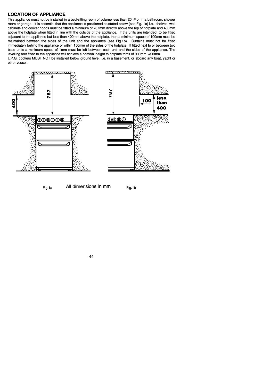 Zanussi ZCG 8021 manual Location Of Appliance, aFig.1b 