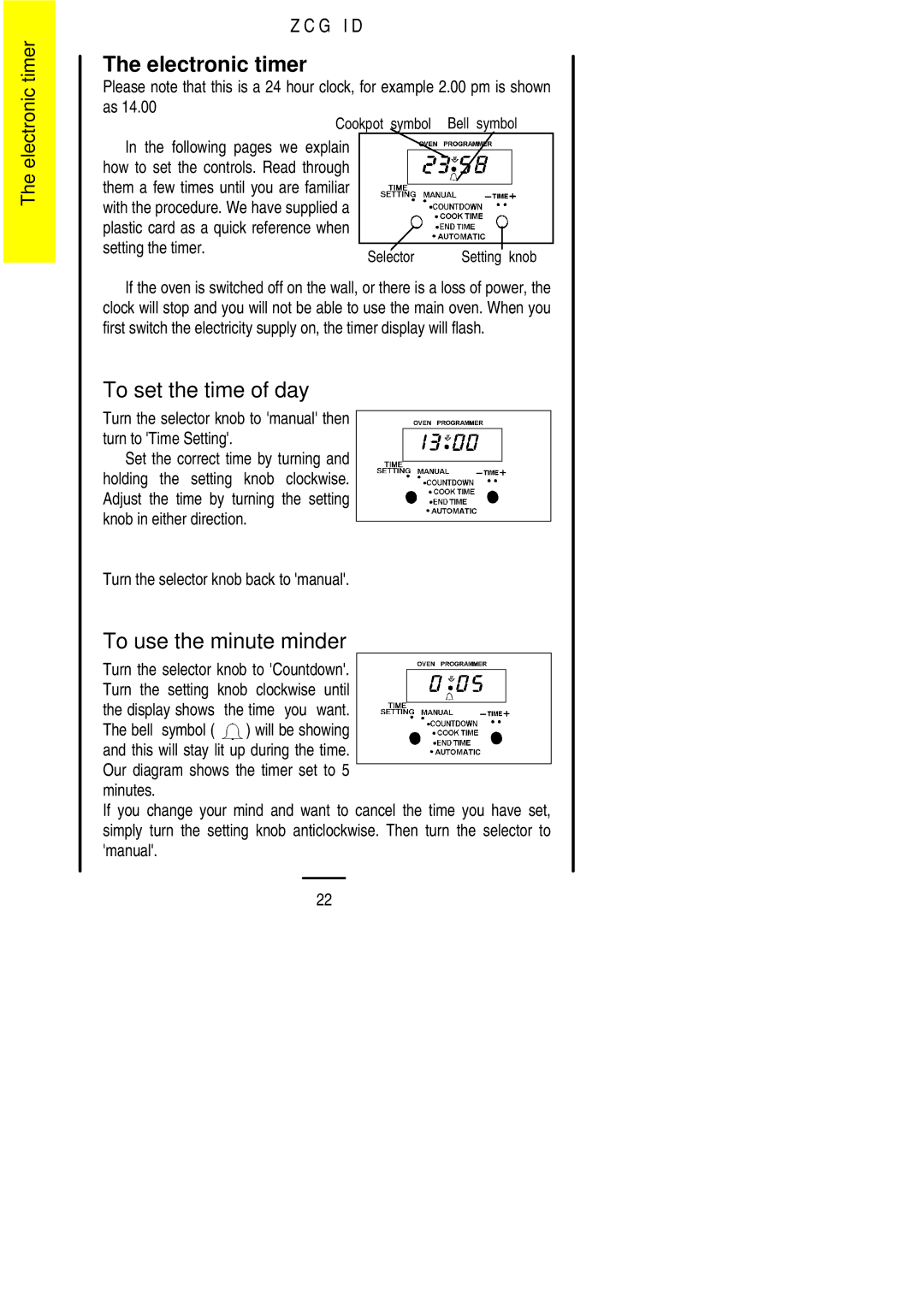 Zanussi ZCG ID Electronic timer, To set the time of day, To use the minute minder, Turn the selector knob back to manual 