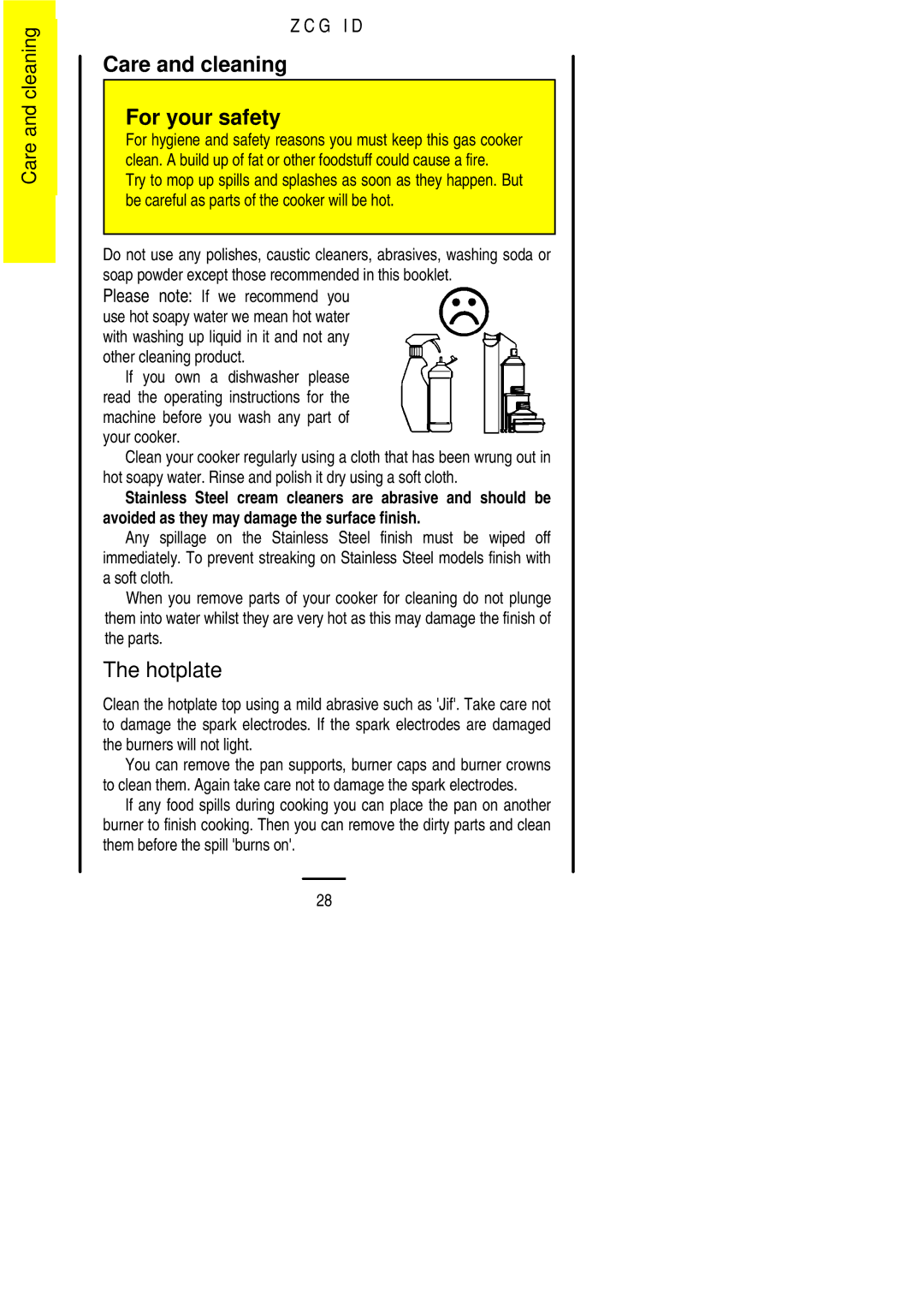 Zanussi ZCG ID manual Care and cleaning For your safety, Hotplate 