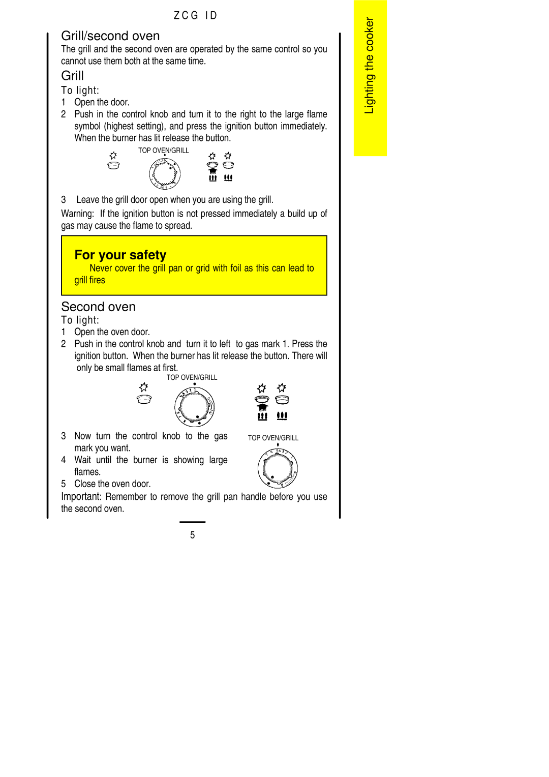 Zanussi ZCG ID manual Grill/second oven, Second oven 