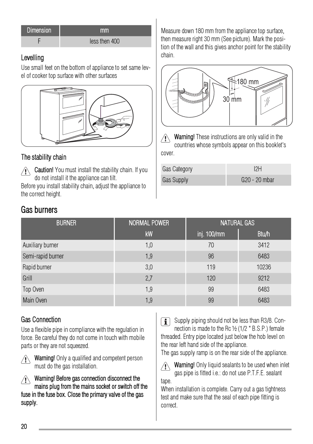 Zanussi ZCG551 manual Gas burners, Levelling, Stability chain, Inj /mm 