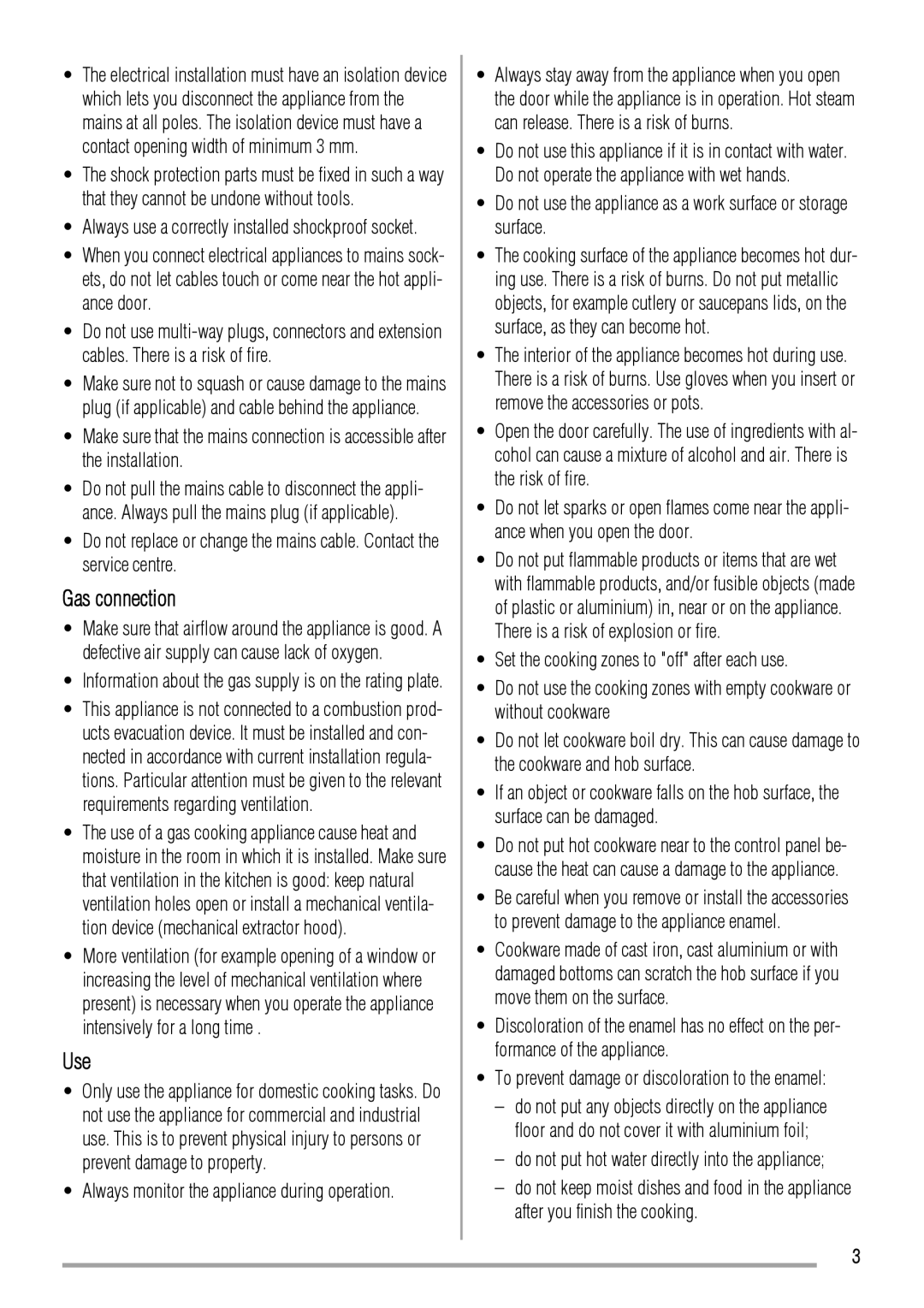 Zanussi ZCG551 manual Gas connection, Use, Always monitor the appliance during operation 