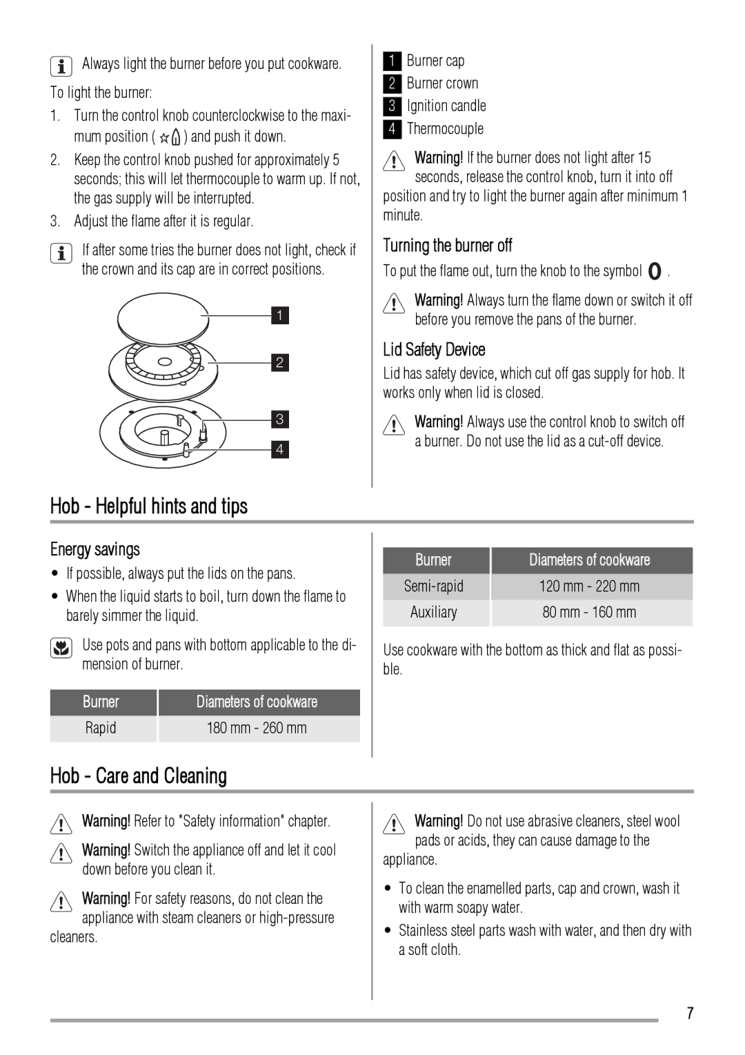 Zanussi ZCG551 manual Hob Helpful hints and tips, Hob Care and Cleaning, Turning the burner off, Lid Safety Device 