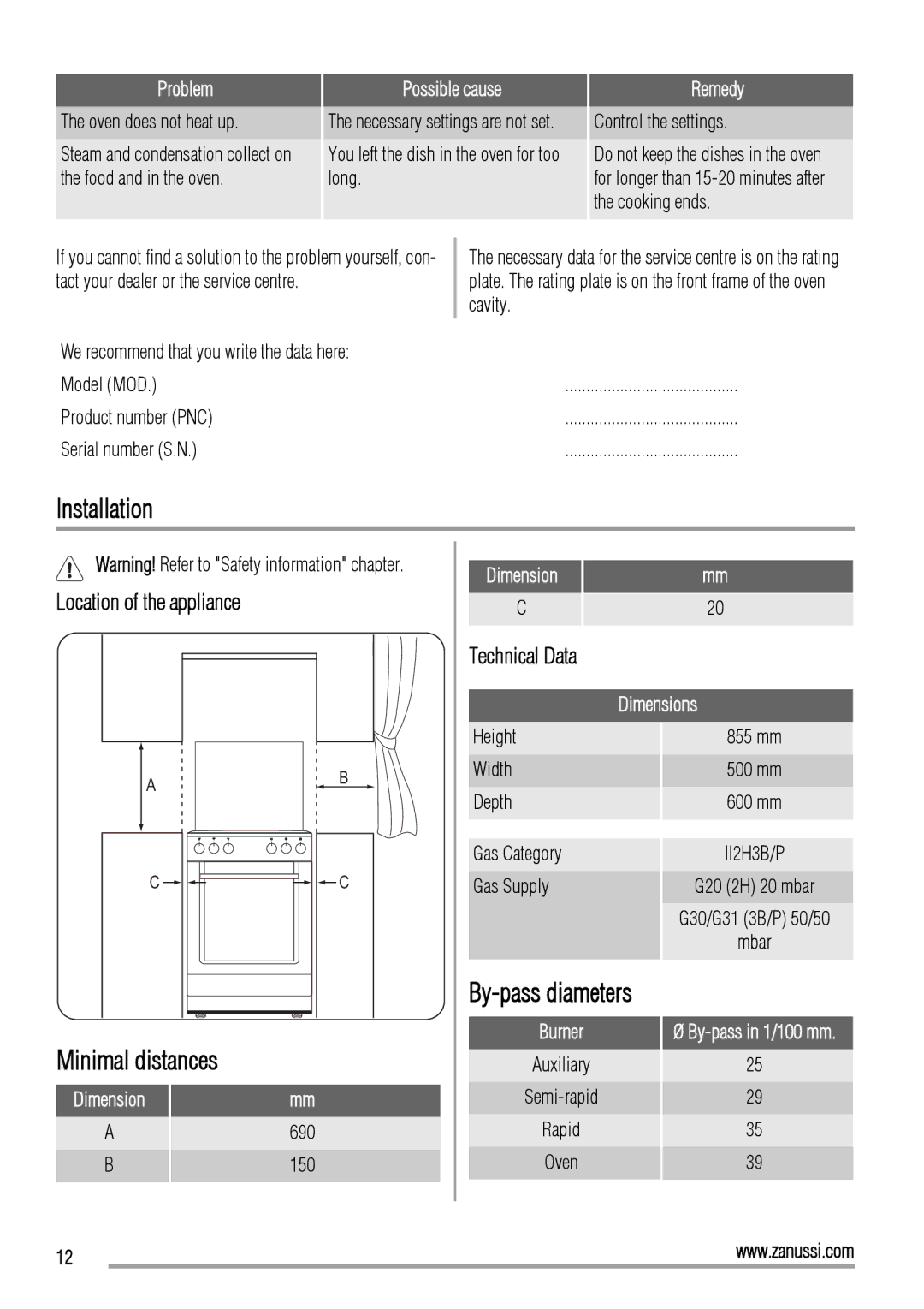 Zanussi ZCG560G user manual Installation, Minimal distances, Location of the appliance, By-pass diameters 