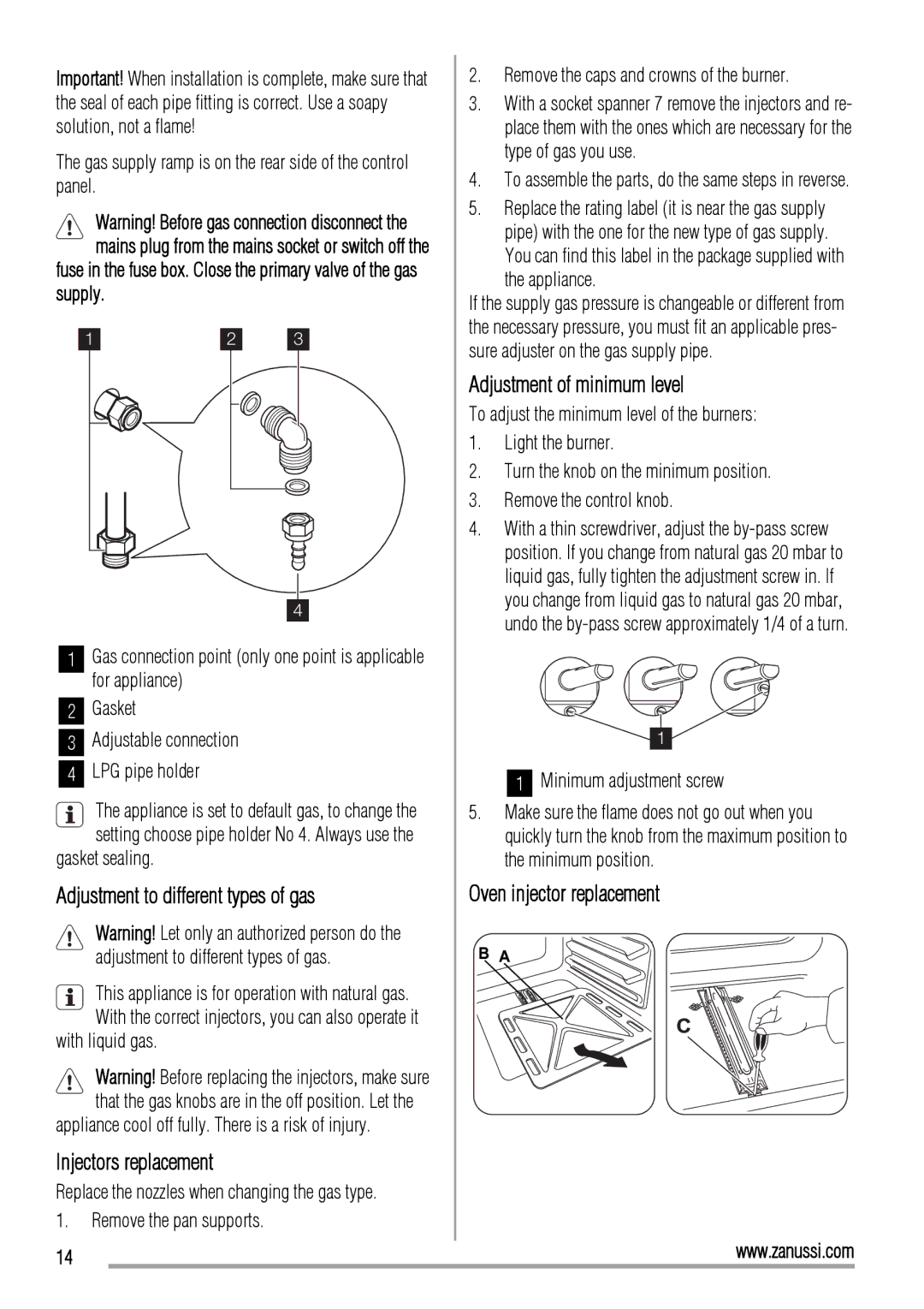 Zanussi ZCG560G user manual Adjustment to different types of gas, Injectors replacement, Adjustment of minimum level 