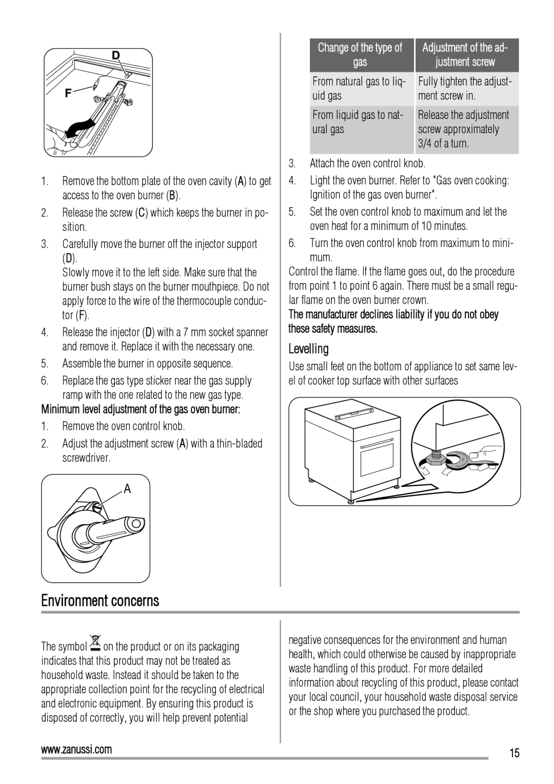 Zanussi ZCG560G user manual Environment concerns, Levelling, Gas, Adjustment of the ad Justment screw 