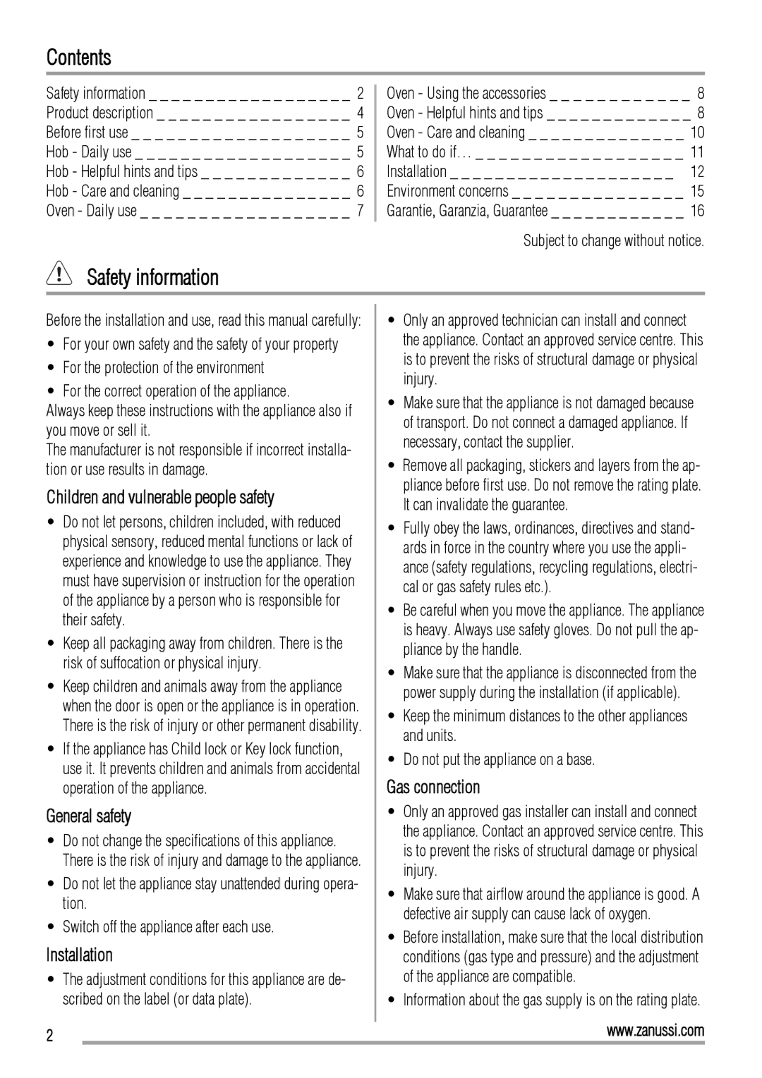 Zanussi ZCG560G user manual Contents, Safety information 