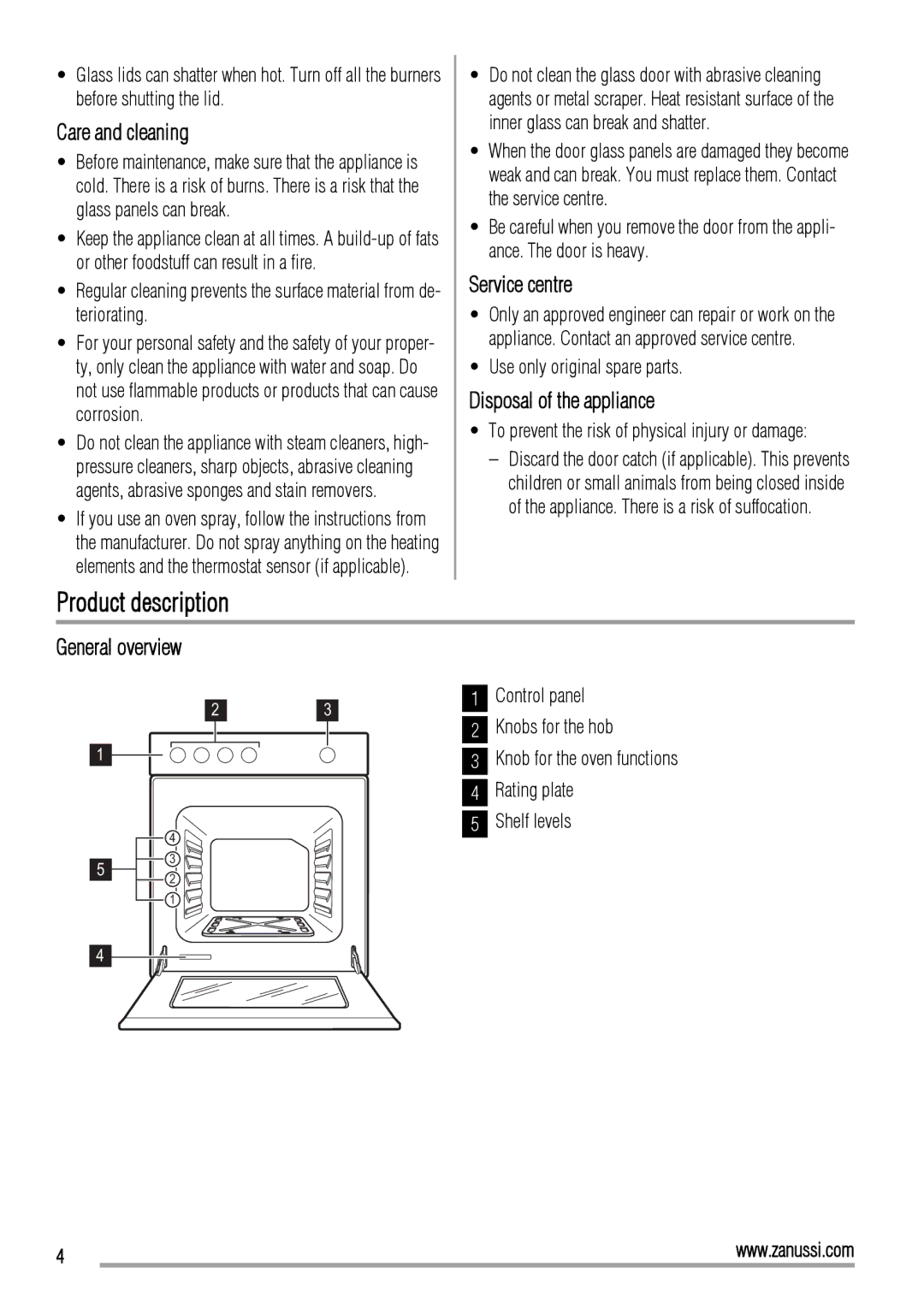 Zanussi ZCG560G Product description, Care and cleaning, Service centre, Disposal of the appliance, General overview 