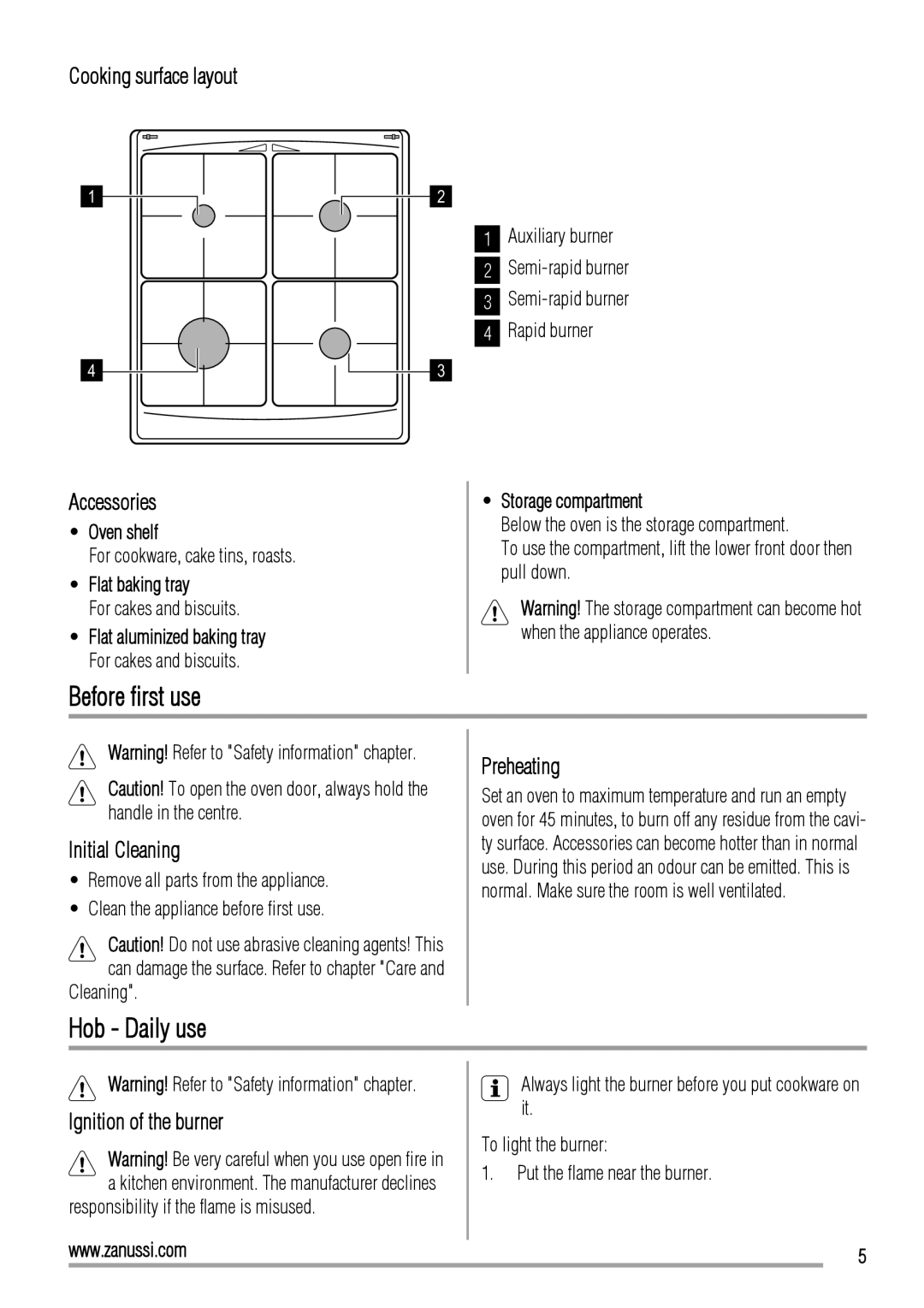 Zanussi ZCG560G user manual Before first use, Hob Daily use 