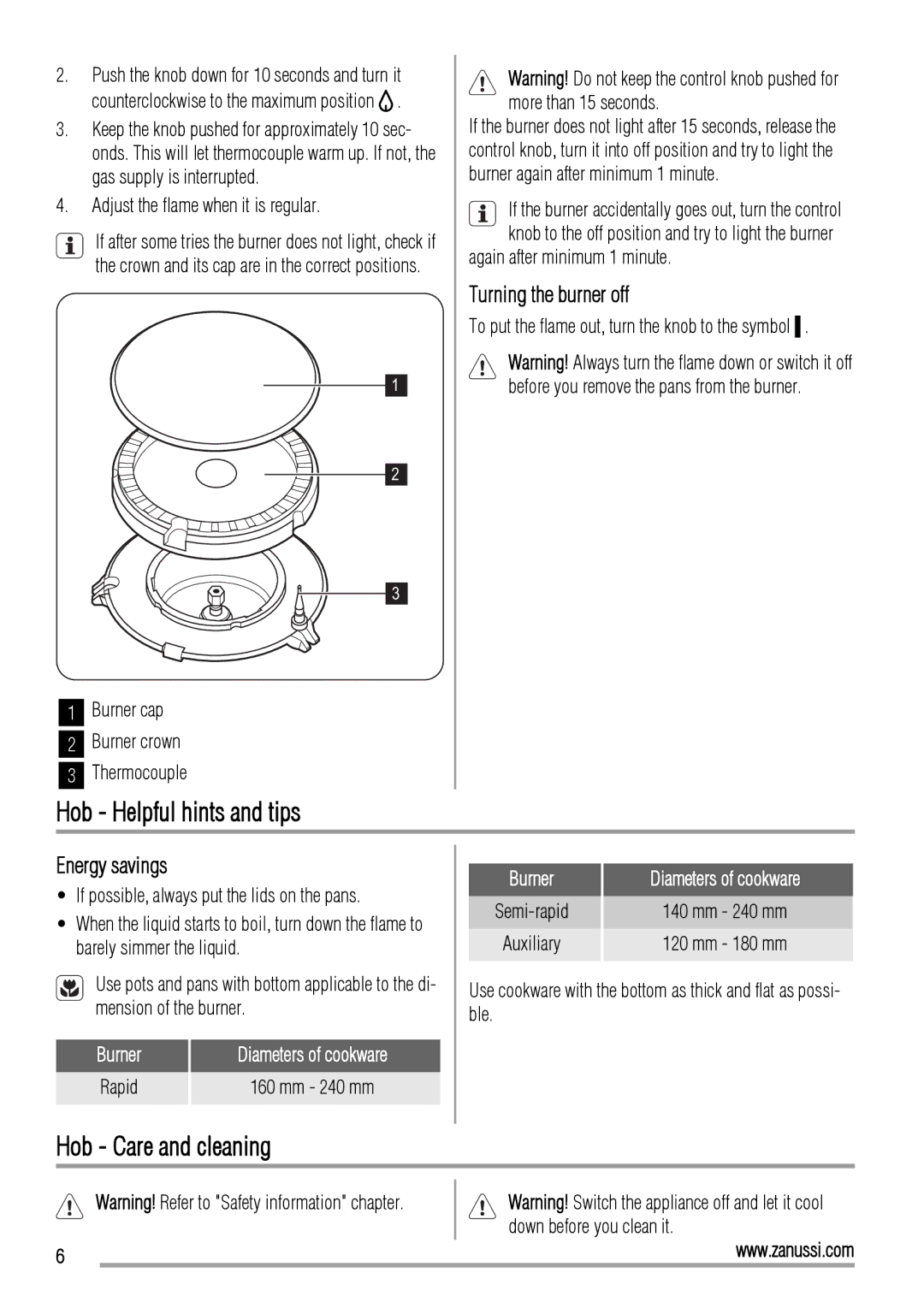 Zanussi ZCG560G Hob Helpful hints and tips, Hob Care and cleaning, Turning the burner off, Energy savings, Burner 