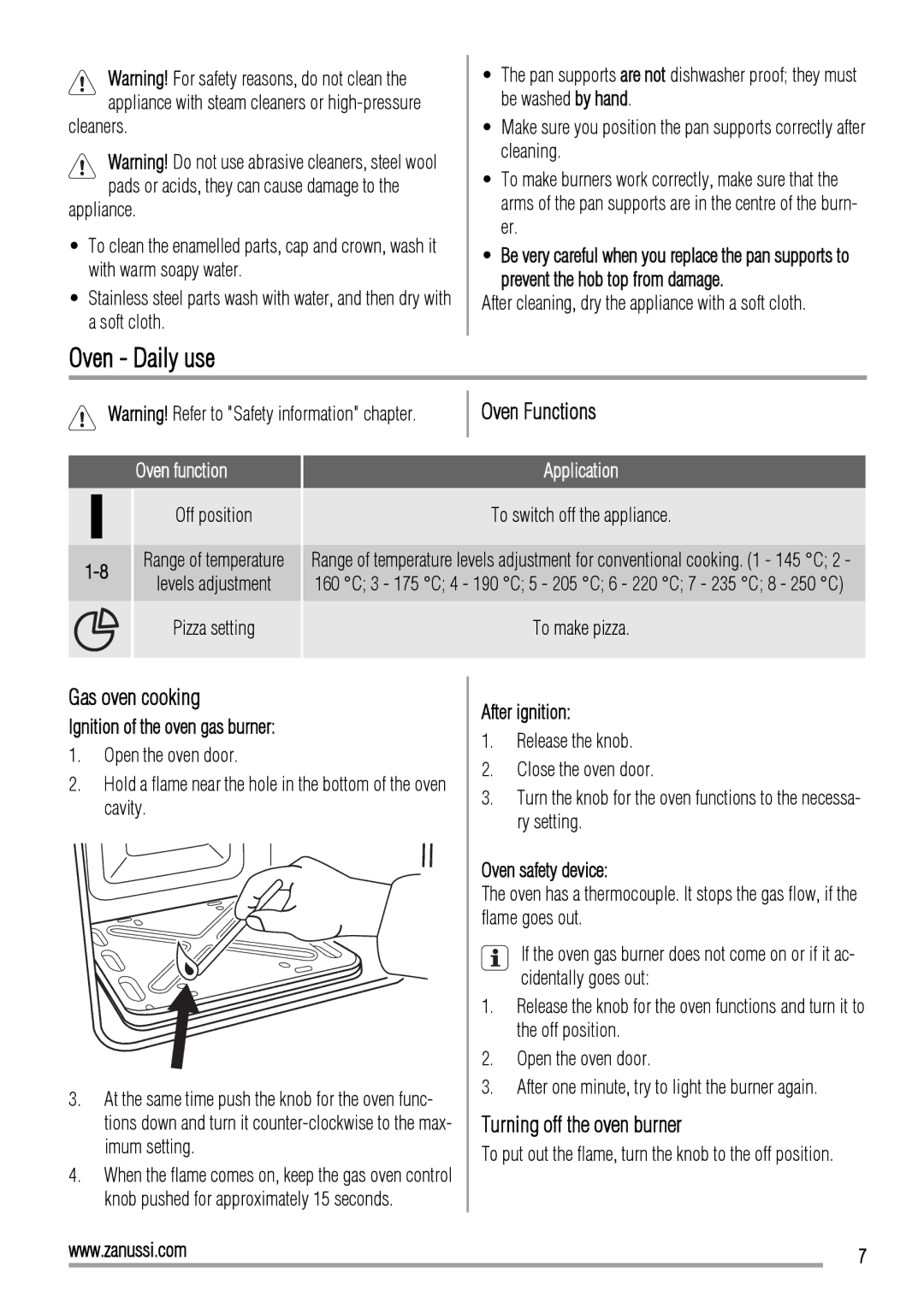 Zanussi ZCG560G user manual Oven Daily use, Oven Functions, Gas oven cooking, Turning off the oven burner, Oven function 