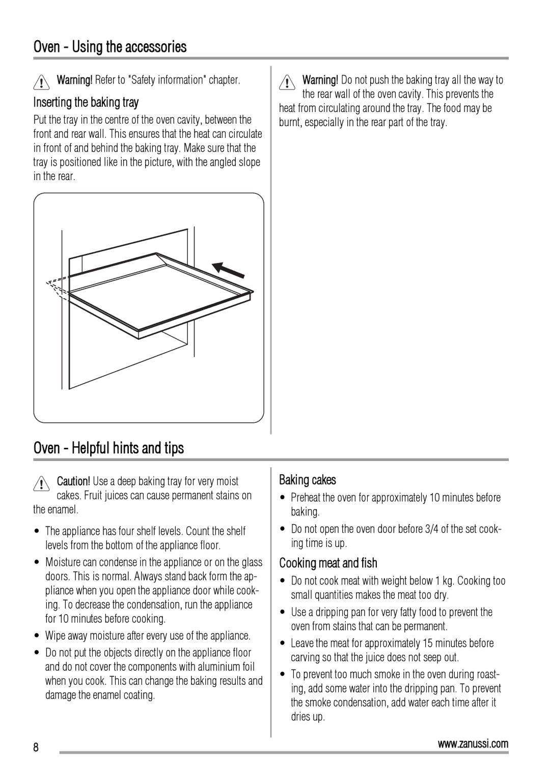 Zanussi ZCG560G Oven Using the accessories, Oven Helpful hints and tips, Inserting the baking tray, Baking cakes 