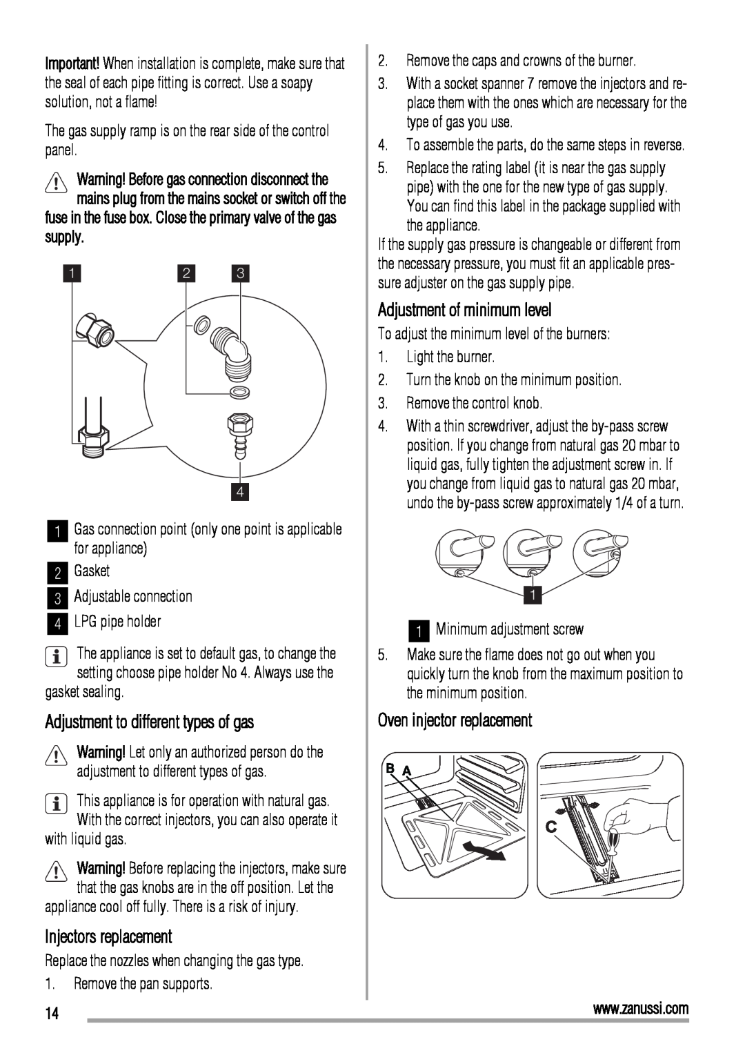Zanussi ZCG560G user manual Adjustment to different types of gas, Injectors replacement, Adjustment of minimum level 