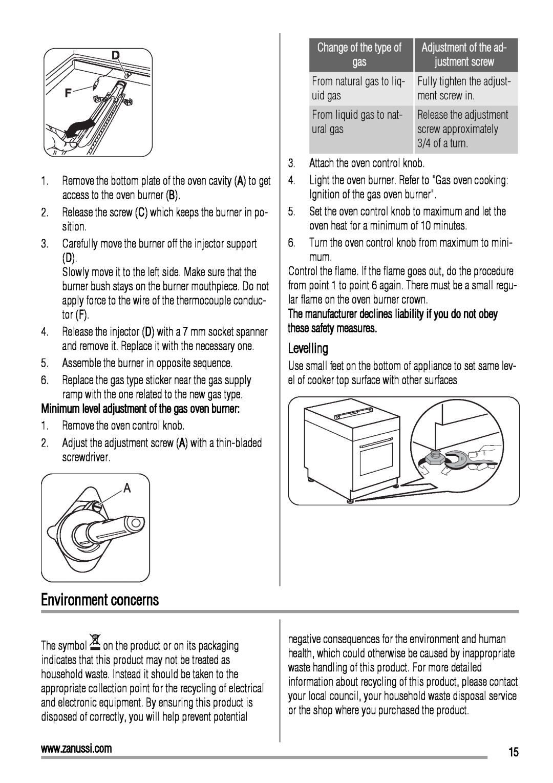 Zanussi ZCG560G user manual Environment concerns, Levelling, Adjustment of the ad justment screw 