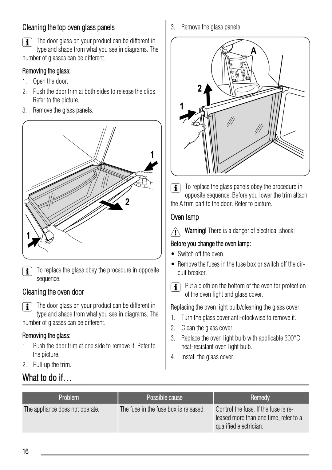 Zanussi ZCG661 manual What to do if…, Cleaning the top oven glass panels, Cleaning the oven door, Oven lamp, Problem 