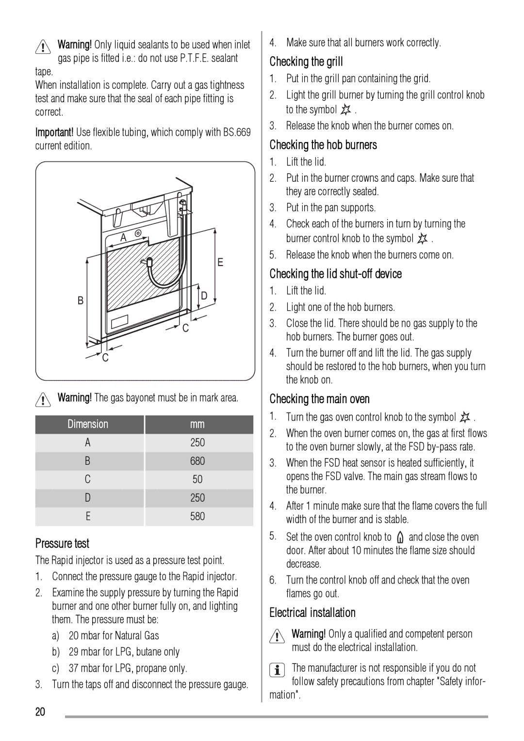 Zanussi ZCG661 manual Pressure test, Checking the grill, Checking the hob burners, Checking the lid shut-off device 