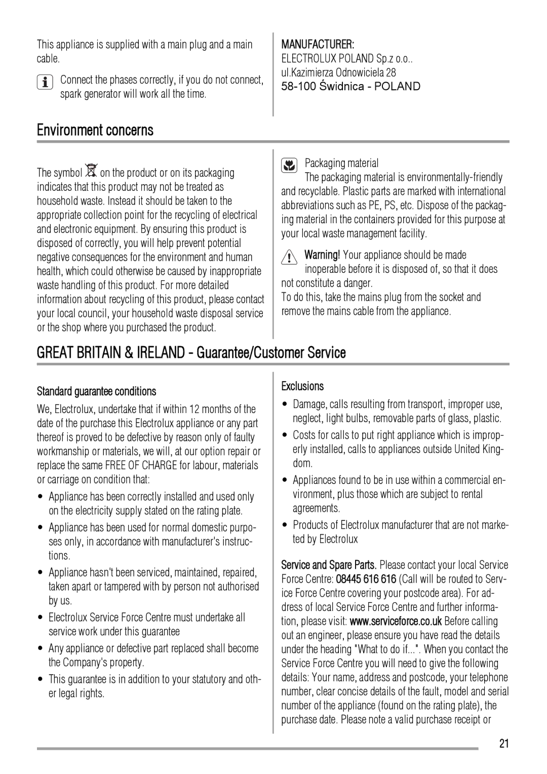 Zanussi ZCG661 Environment concerns, Great Britain & Ireland Guarantee/Customer Service, Standard guarantee conditions 