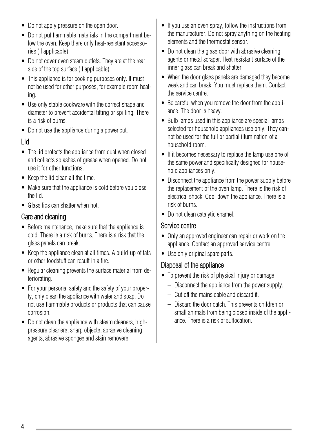 Zanussi ZCG661 manual Lid, Care and cleaning, Service centre, Disposal of the appliance 