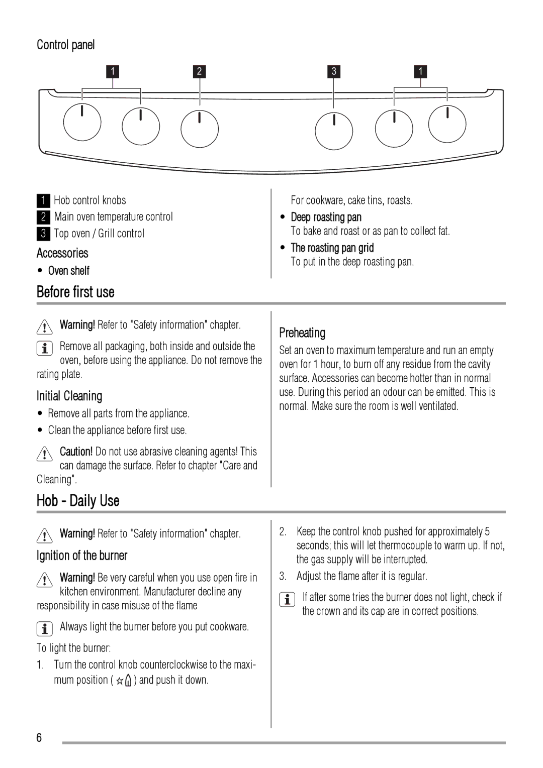 Zanussi ZCG661 manual Before first use, Hob Daily Use 