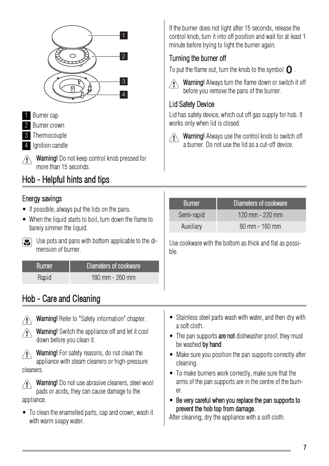 Zanussi ZCG661 manual Hob Helpful hints and tips, Hob Care and Cleaning, Turning the burner off, Lid Safety Device 