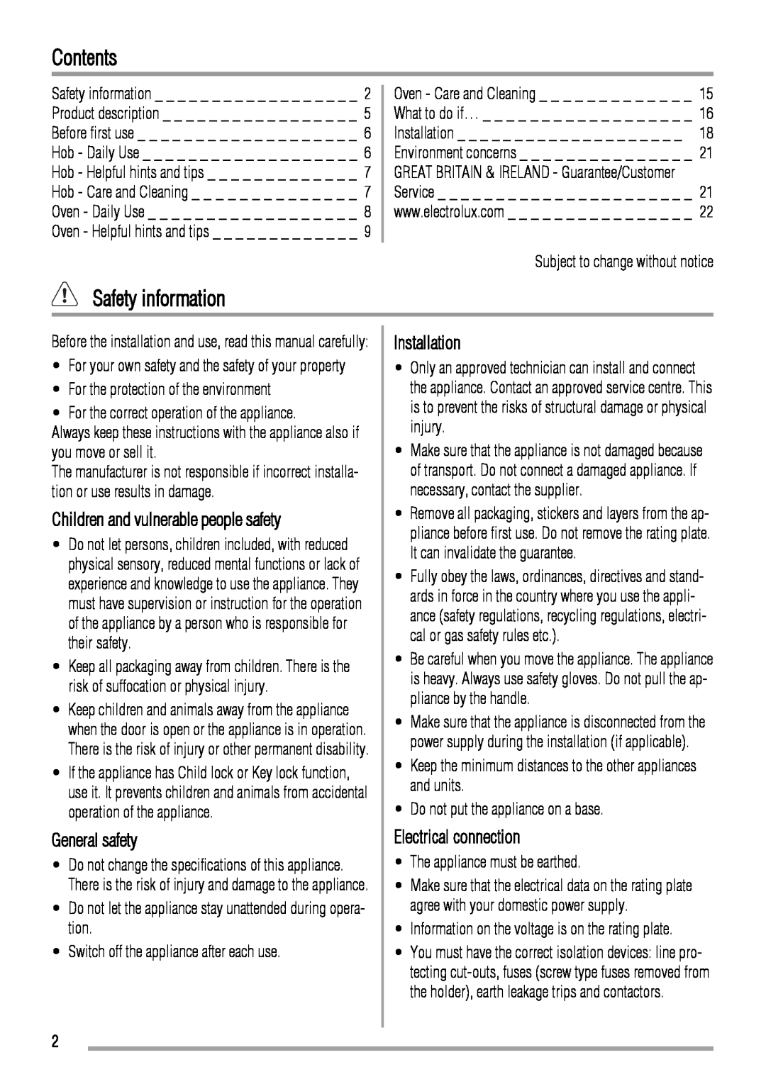 Zanussi ZCG661 manual Contents, Safety information, Children and vulnerable people safety, General safety, Installation 