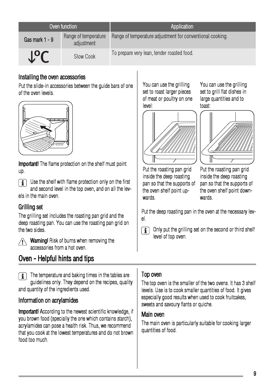 Zanussi ZCG661 Oven - Helpful hints and tips, Installing the oven accessories, Grilling set, Information on acrylamides 