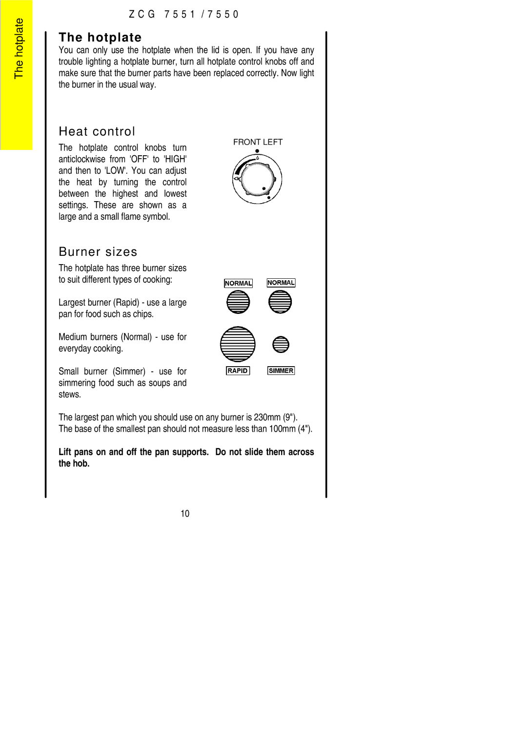 Zanussi ZCG7550 manual Hotplate, Burner sizes 