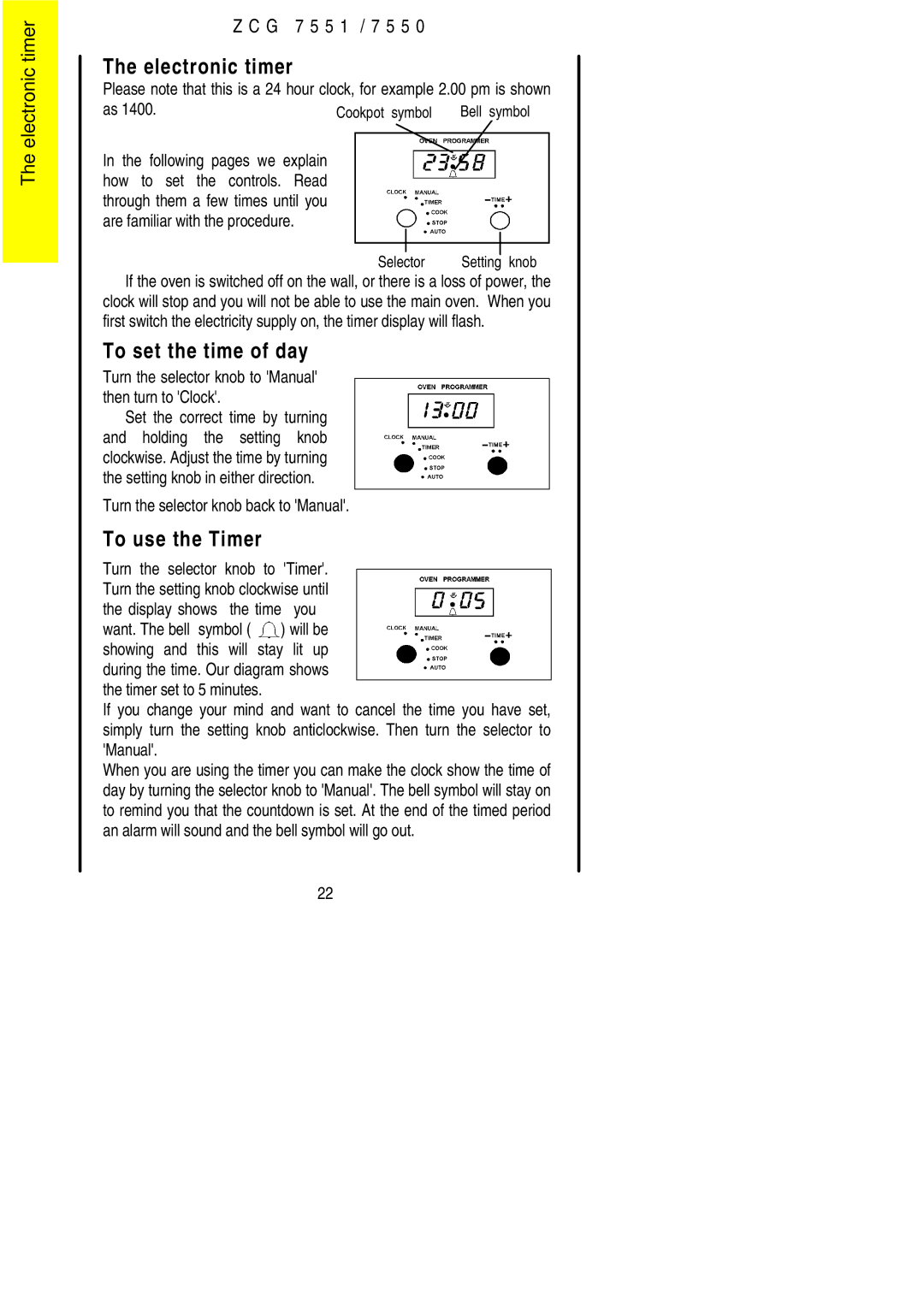 Zanussi ZCG7550 manual Electronic timer 