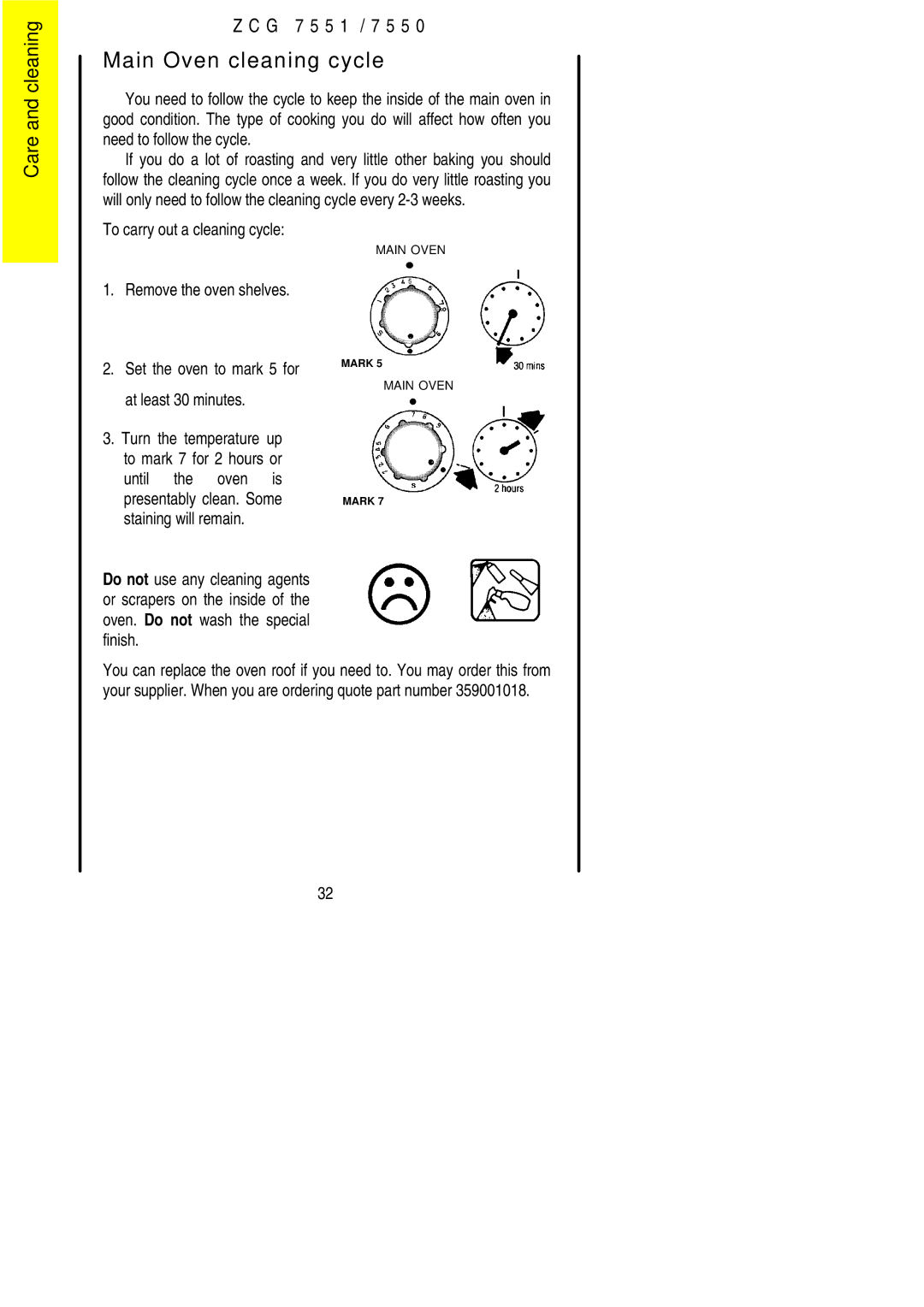 Zanussi ZCG7550 manual Main Oven cleaning cycle 
