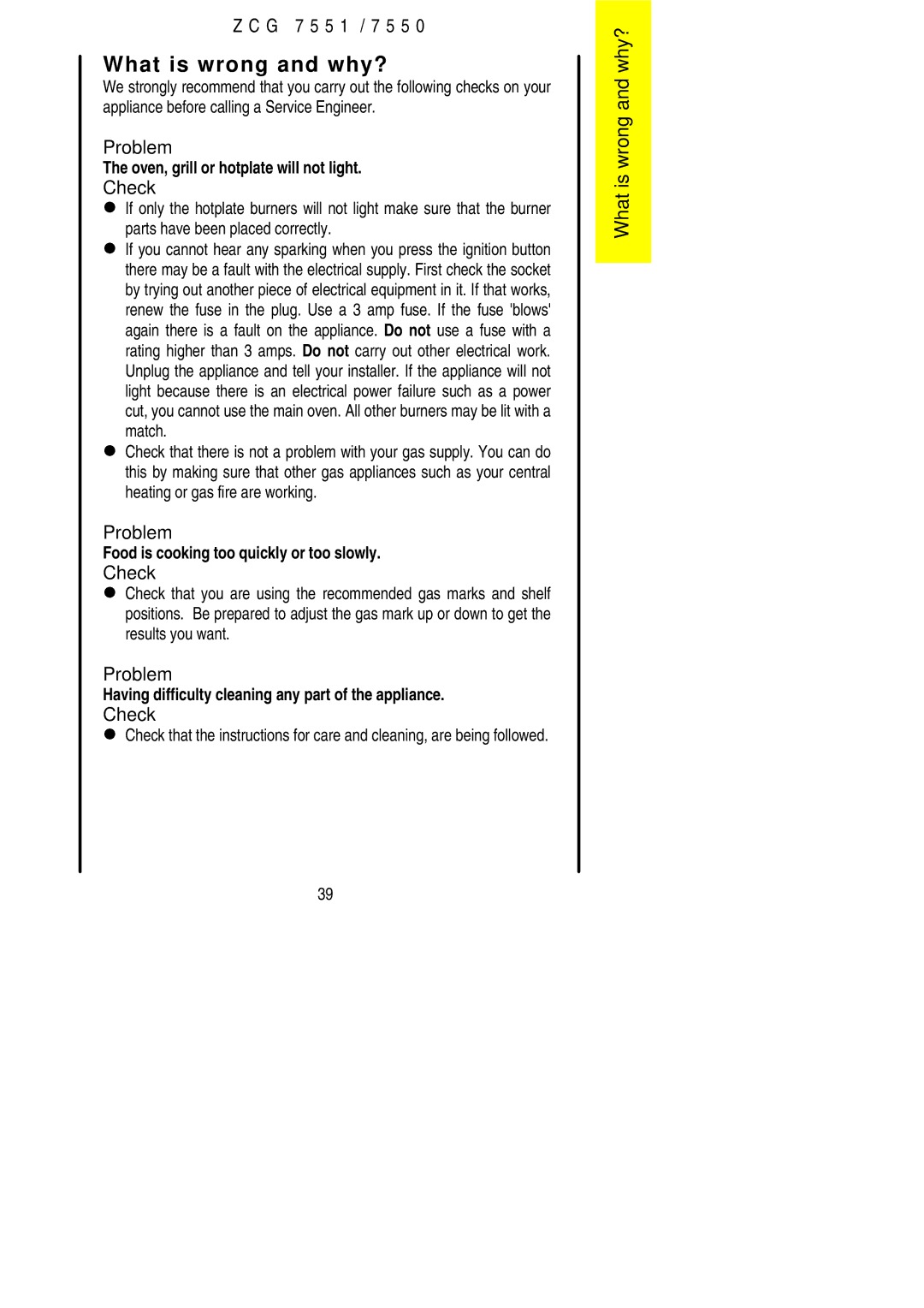 Zanussi ZCG7550 manual What is wrong and why?, Check 