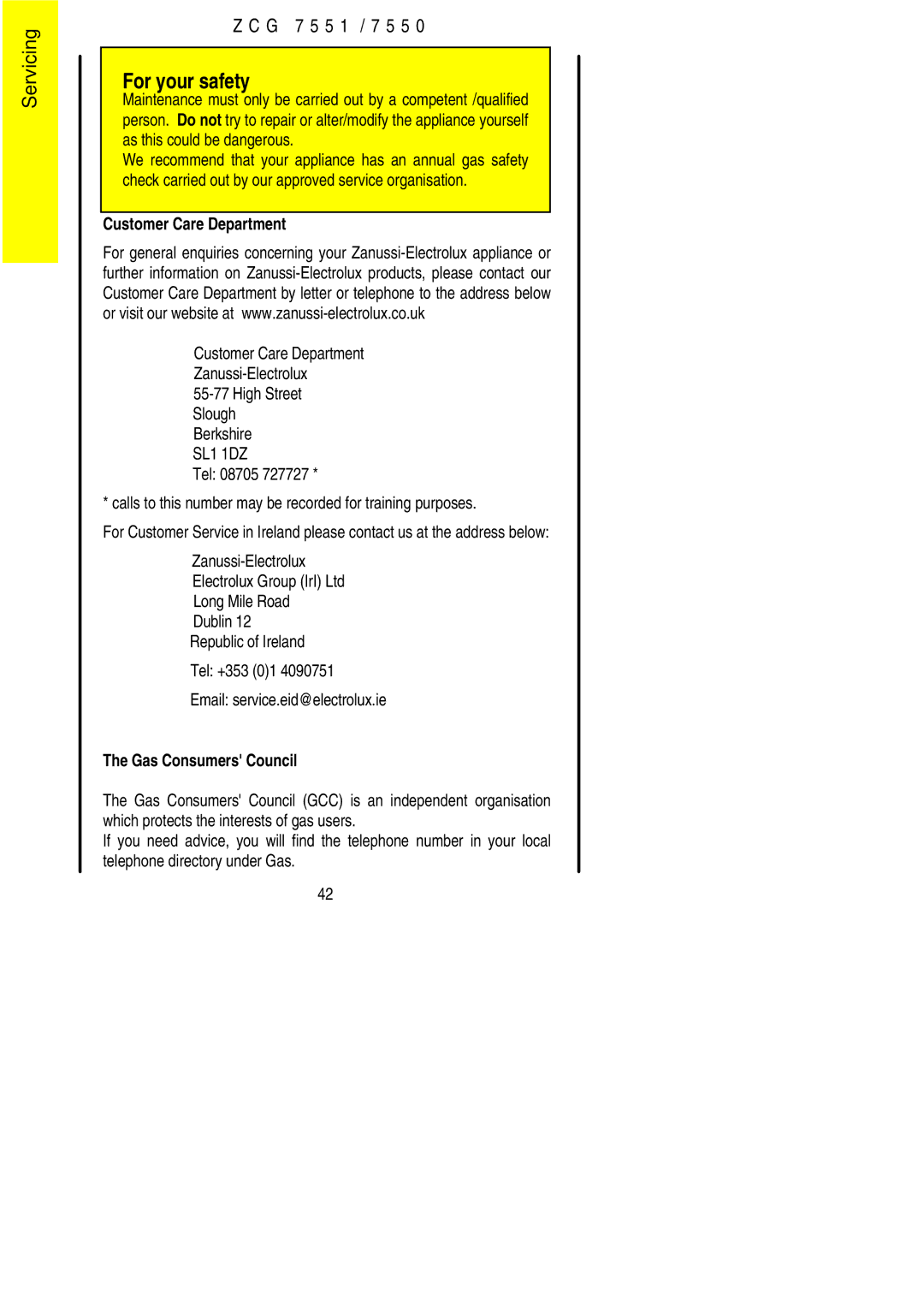 Zanussi ZCG7550 manual Servicing 