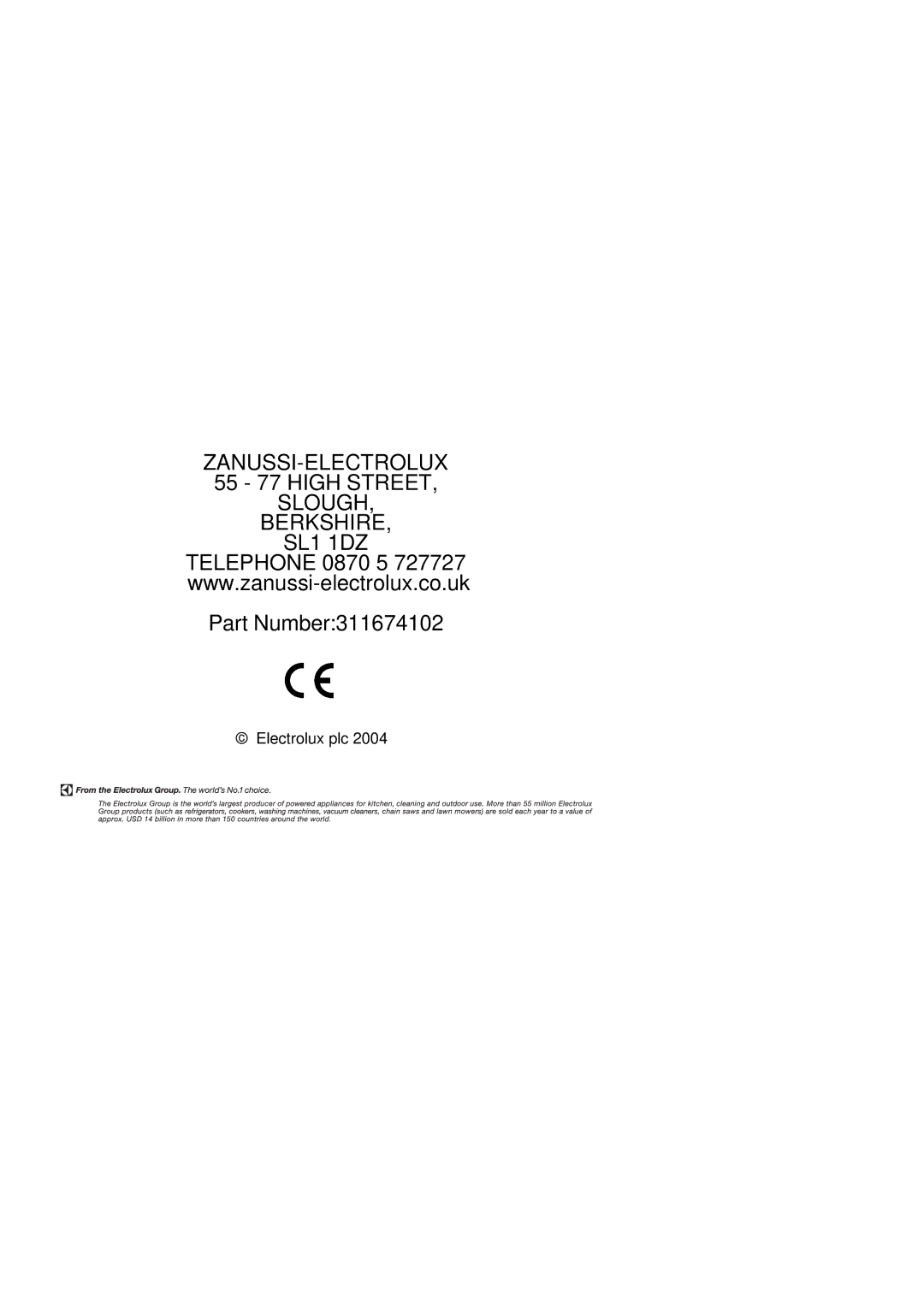 Zanussi ZCG7550 manual Part Number311674102 