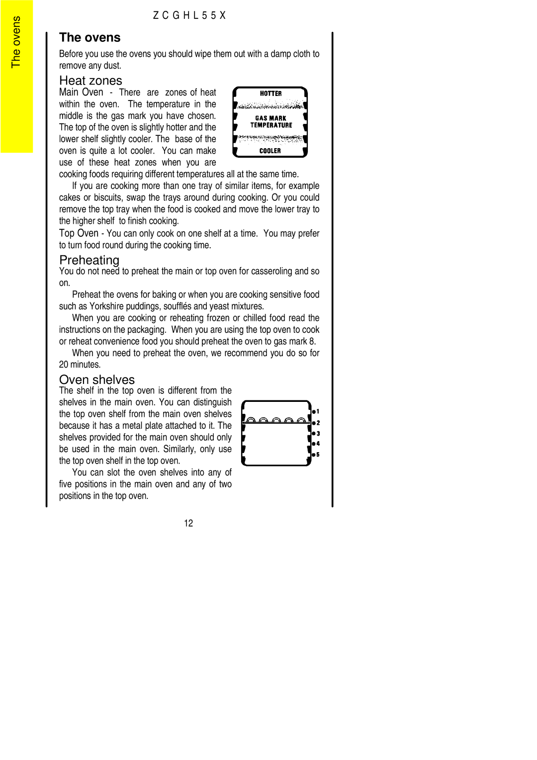 Zanussi ZCGHL55X manual Ovens, Heat zones, Oven shelves 