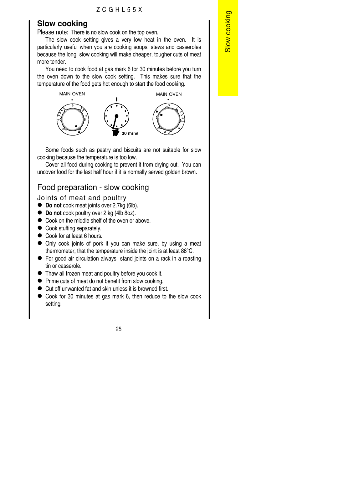 Zanussi ZCGHL55X manual Slow cooking, Food preparation slow cooking 