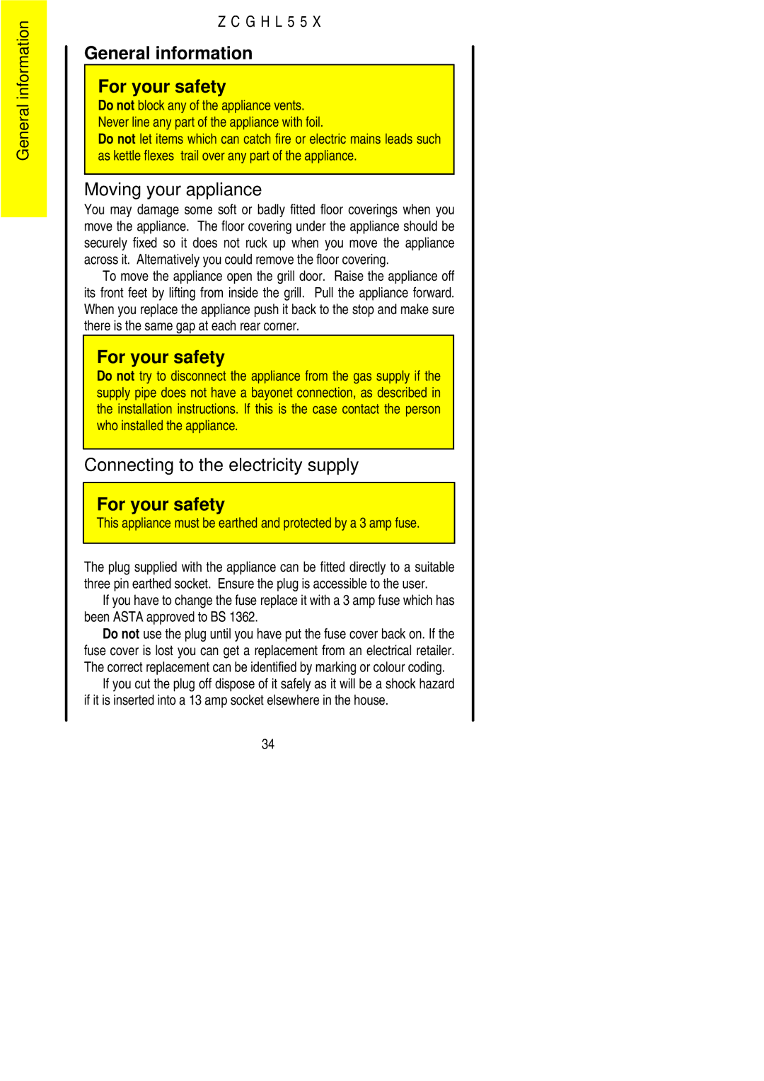 Zanussi ZCGHL55X manual General information For your safety, Moving your appliance, Connecting to the electricity supply 