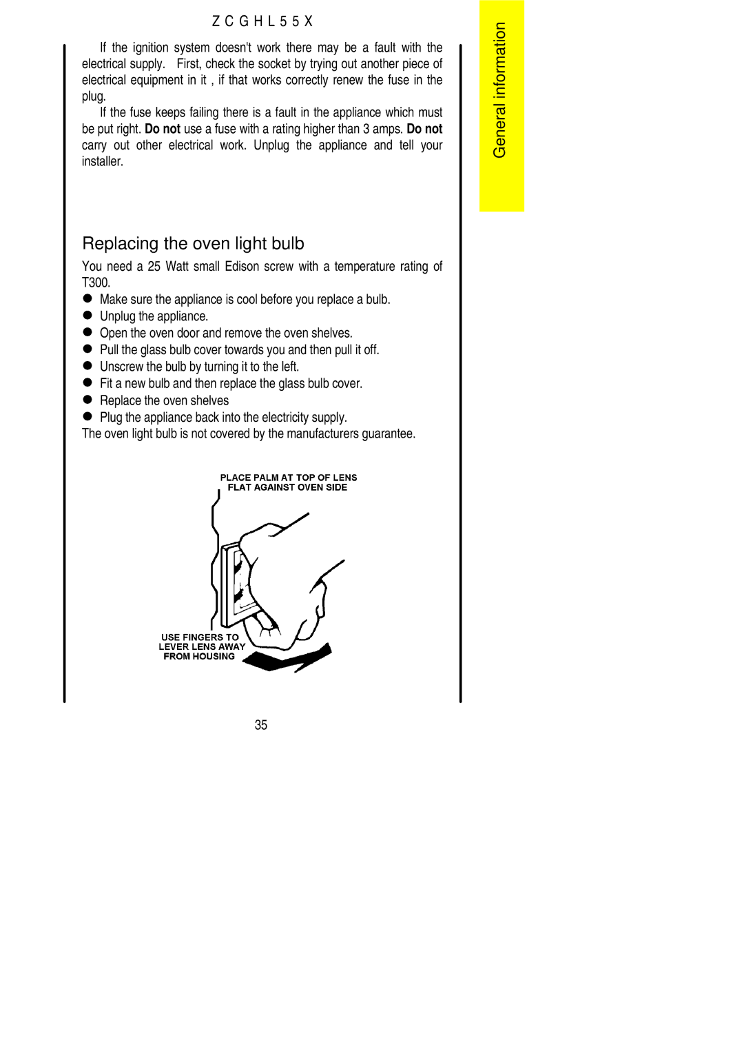 Zanussi ZCGHL55X manual Replacing the oven light bulb 