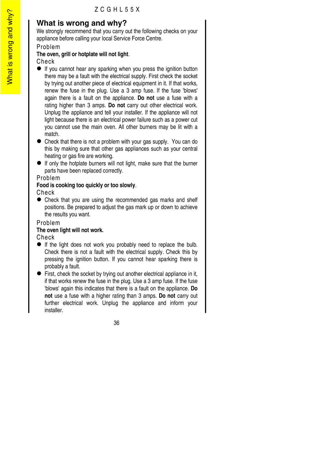 Zanussi ZCGHL55X manual What is wrong and why?, LCheck 