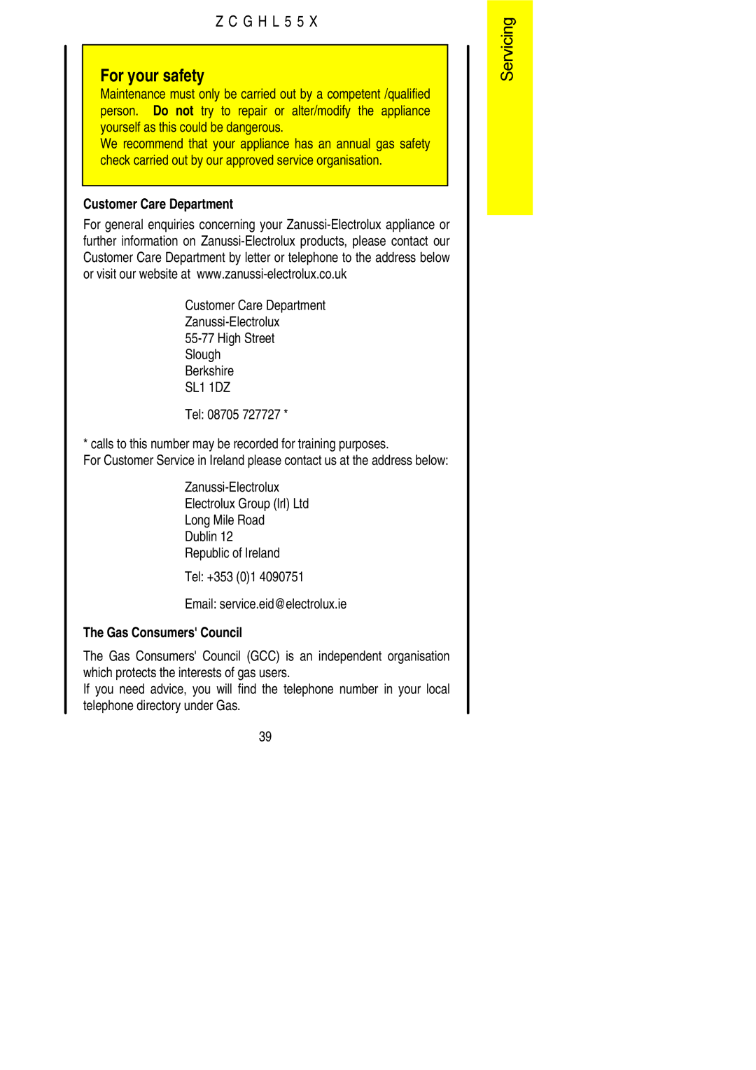 Zanussi ZCGHL55X manual Customer Care Department 