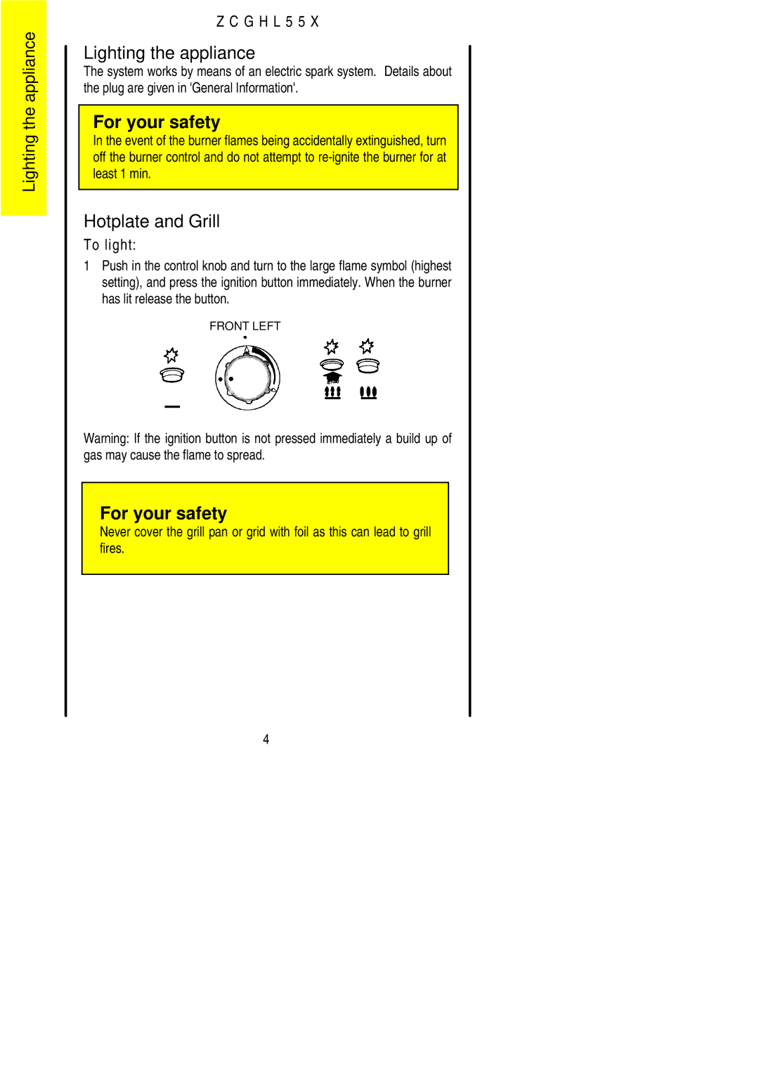 Zanussi ZCGHL55X manual Lighting the appliance, Hotplate and Grill 