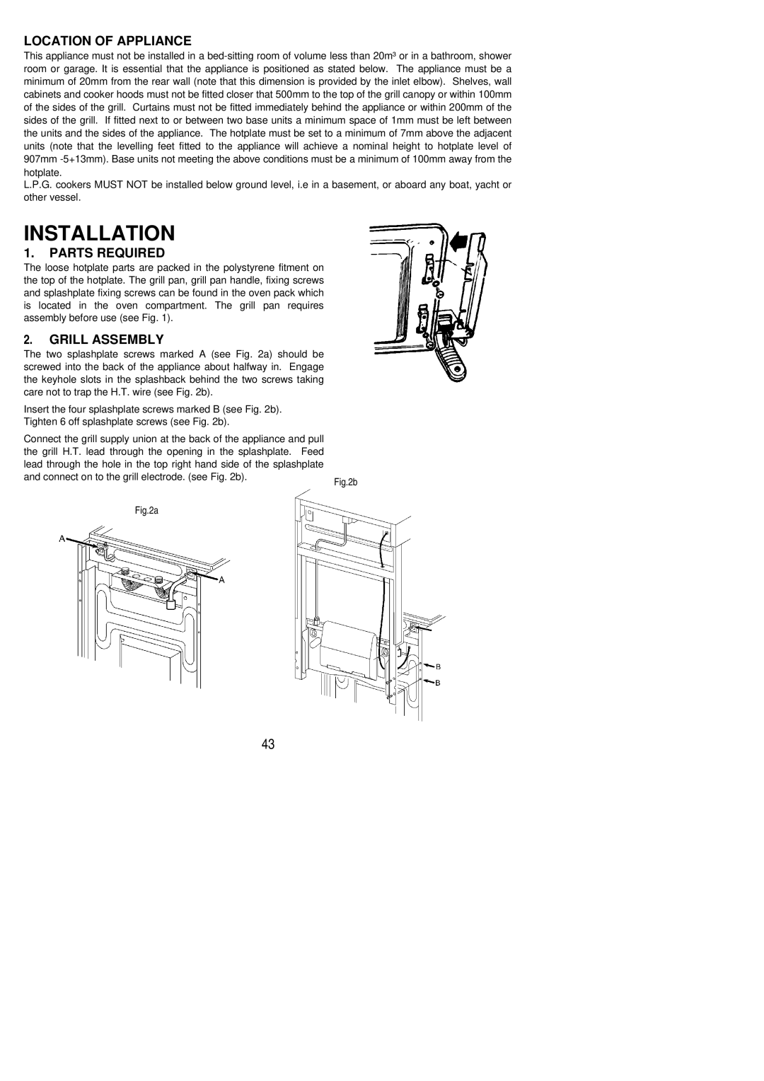 Zanussi ZCGHL55X manual Location of Appliance, Parts Required, Grill Assembly 