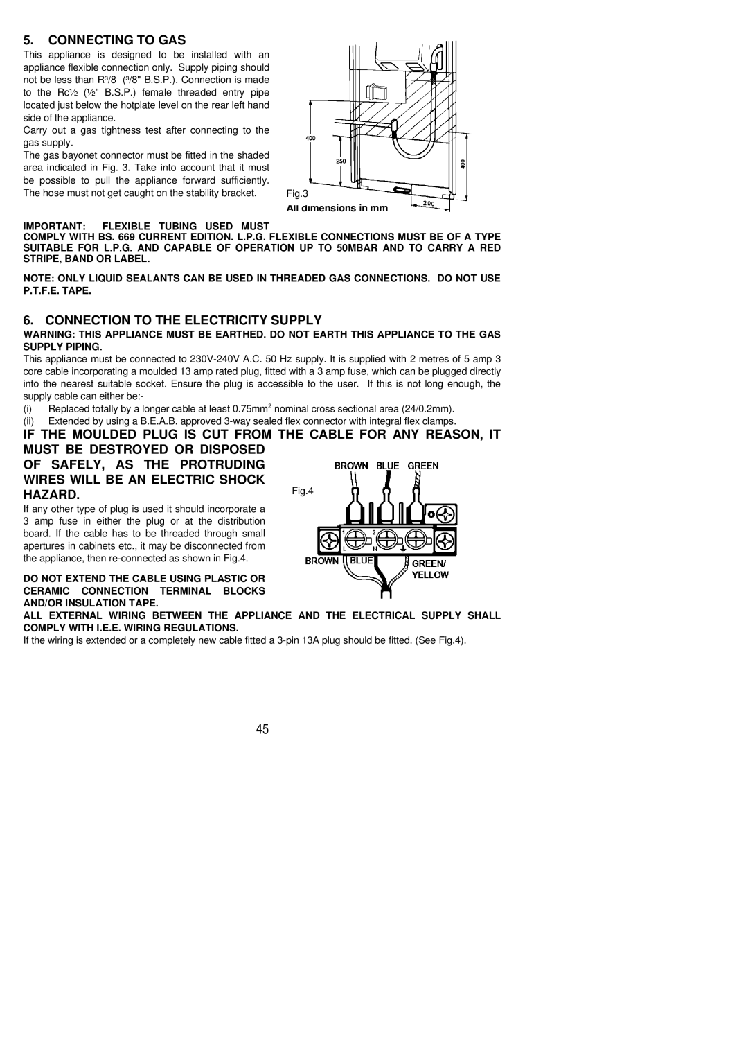 Zanussi ZCGHL55X manual Connecting to GAS, Connection to the Electricity Supply 