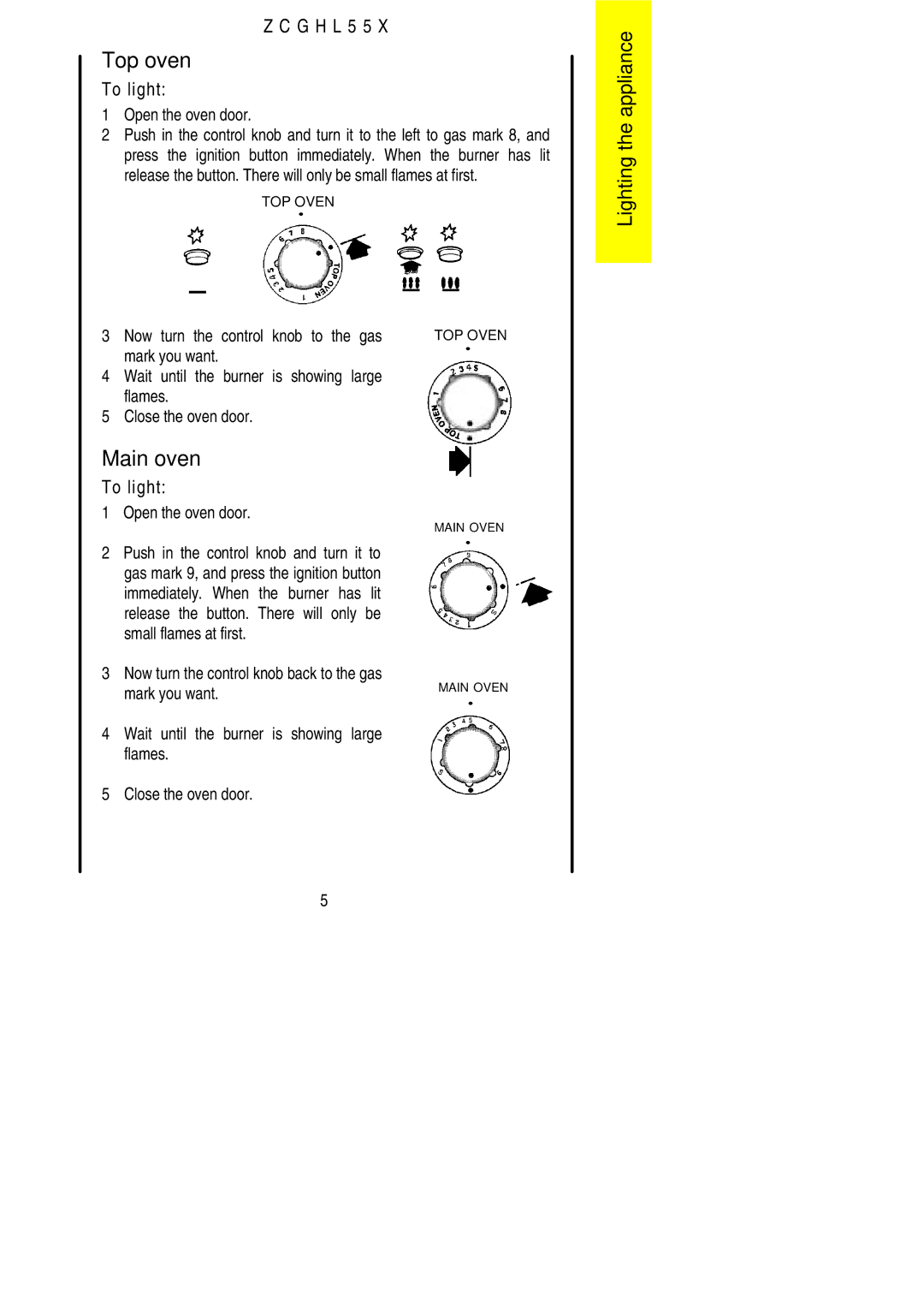 Zanussi ZCGHL55X manual Top oven, Main oven 