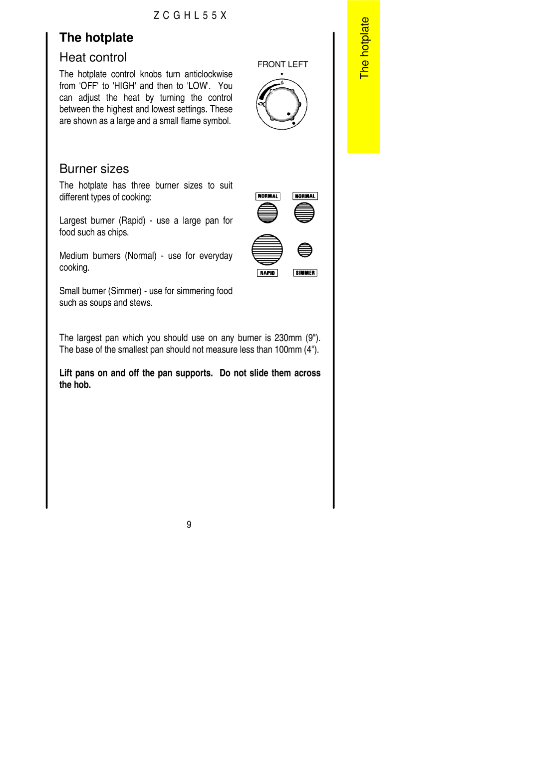 Zanussi ZCGHL55X manual Hotplate, Burner sizes 