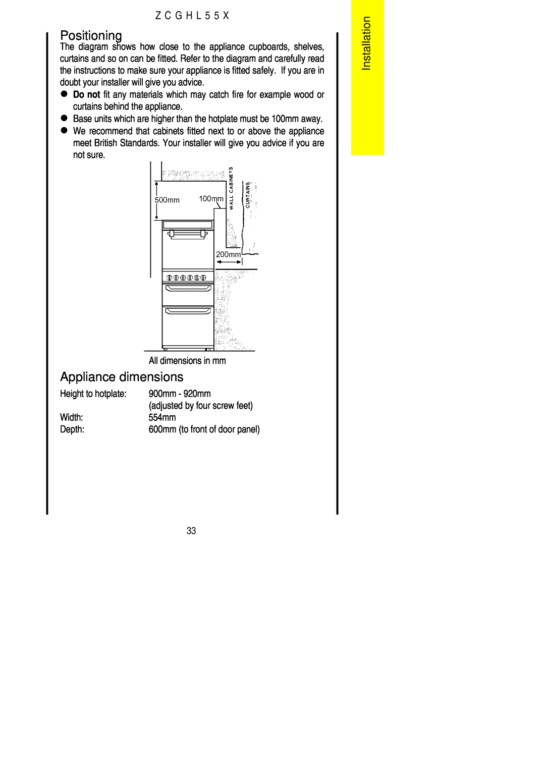 Zanussi ZCGHL55X manual Positioning, Appliance dimensions, Installation, Z C G H L 