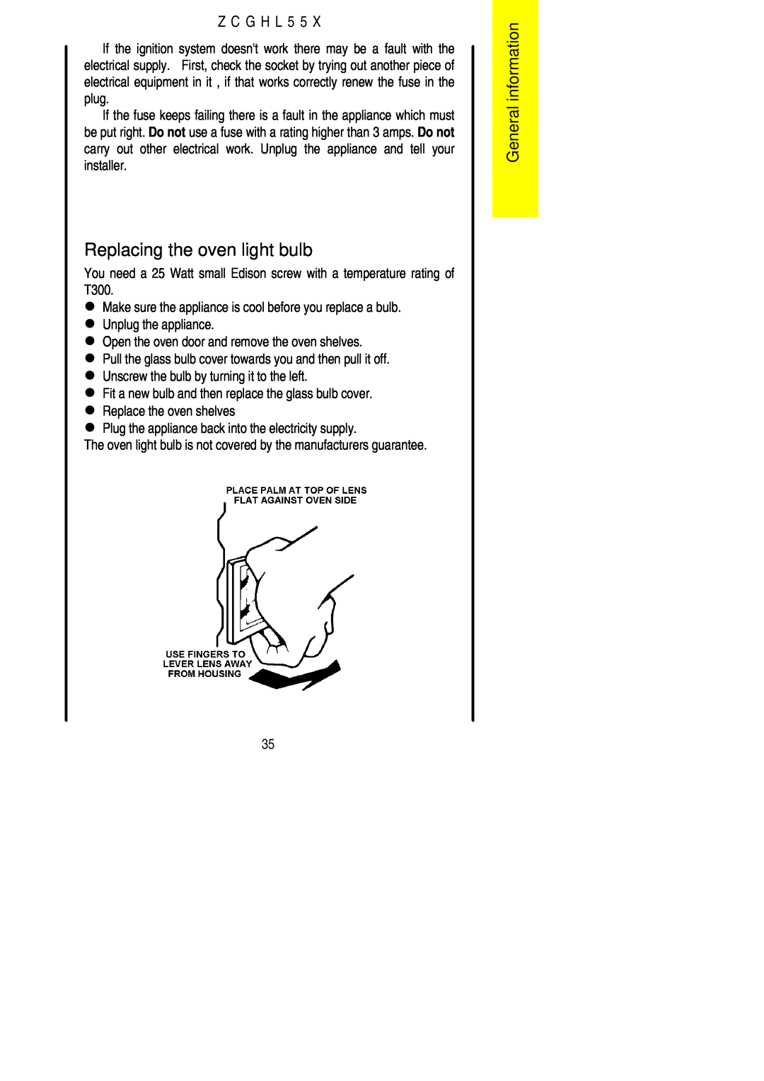 Zanussi ZCGHL55X manual Replacing the oven light bulb, General information, Z C G H L 